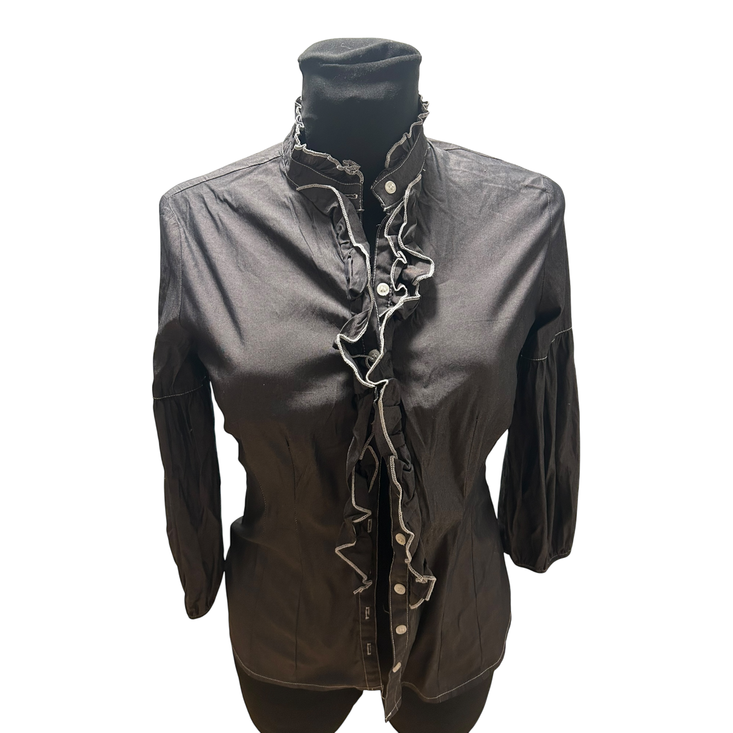 Bluse Damen Gr XS Braun Rüschen Dreiviertelarm Elegant Stretch Leicht