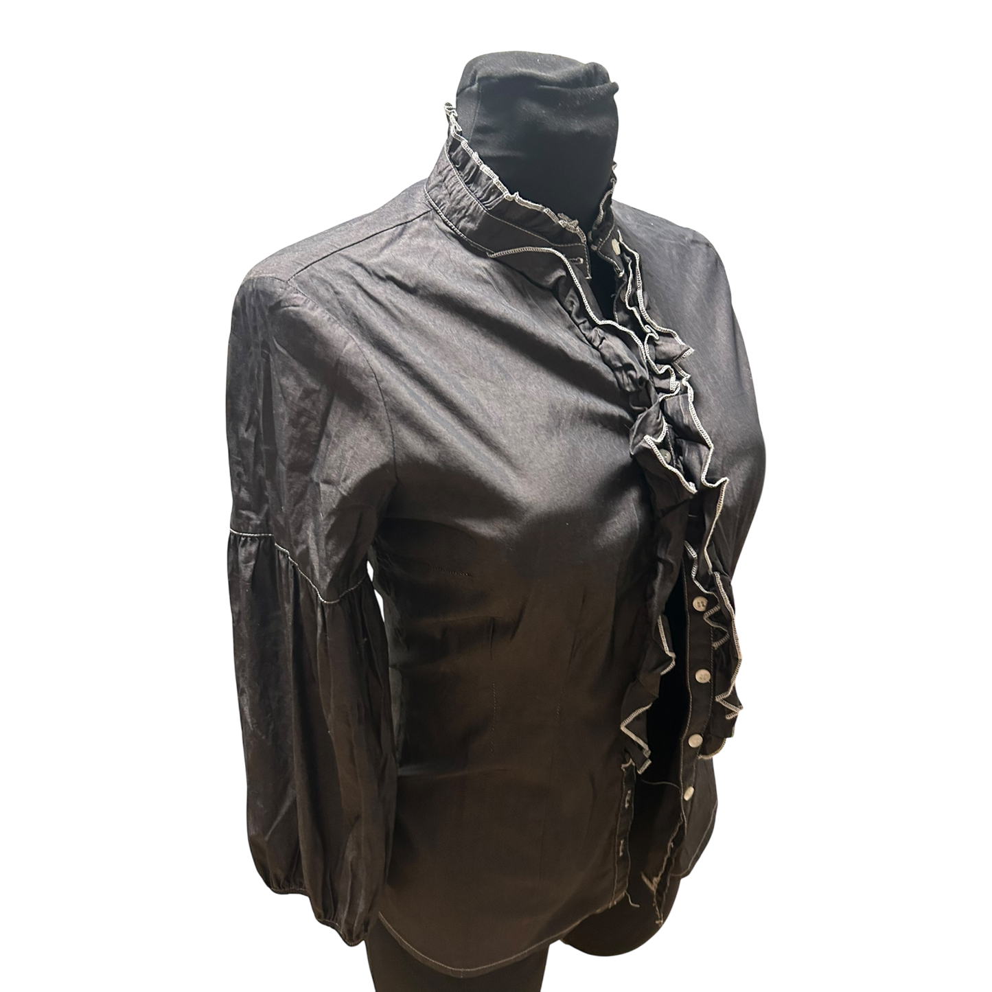 Bluse Damen Gr XS Braun Rüschen Dreiviertelarm Elegant Stretch Leicht