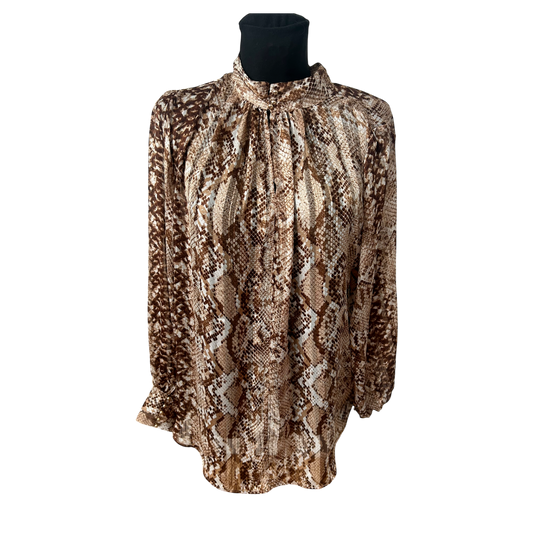 H&M Bluse Damen Gr 46 Braun Schlangenprint Stehkragen Elegant Transparent
