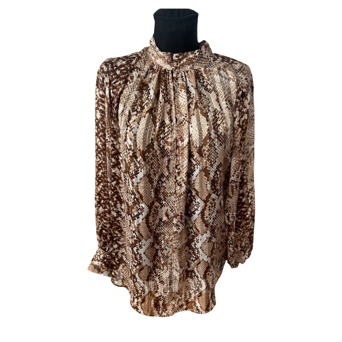 H&M Bluse Damen Gr 46 Braun Schlangenprint Stehkragen Elegant Transparent