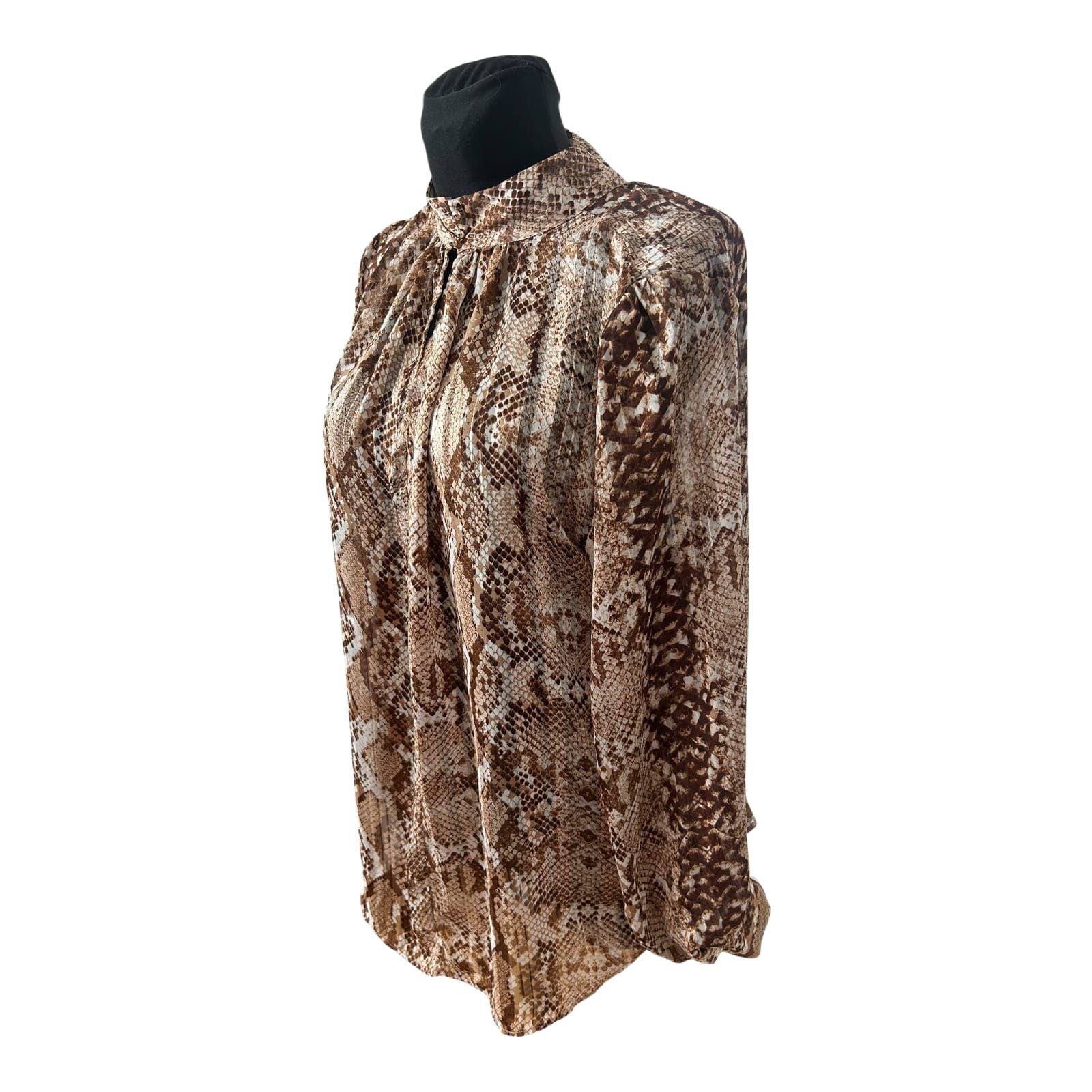 H&M Bluse Damen Gr 46 Braun Schlangenprint Stehkragen Elegant Transparent