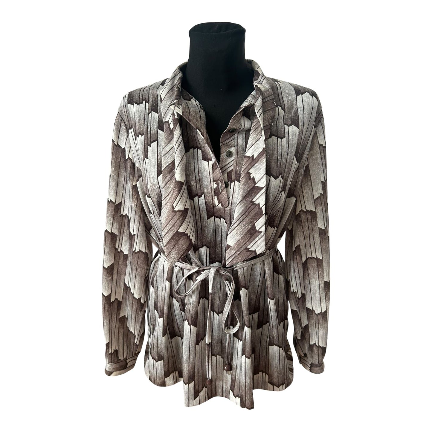 Vintage Bluse XL Braun Creme Muster Schalkragen Bindegürtel Elegant
