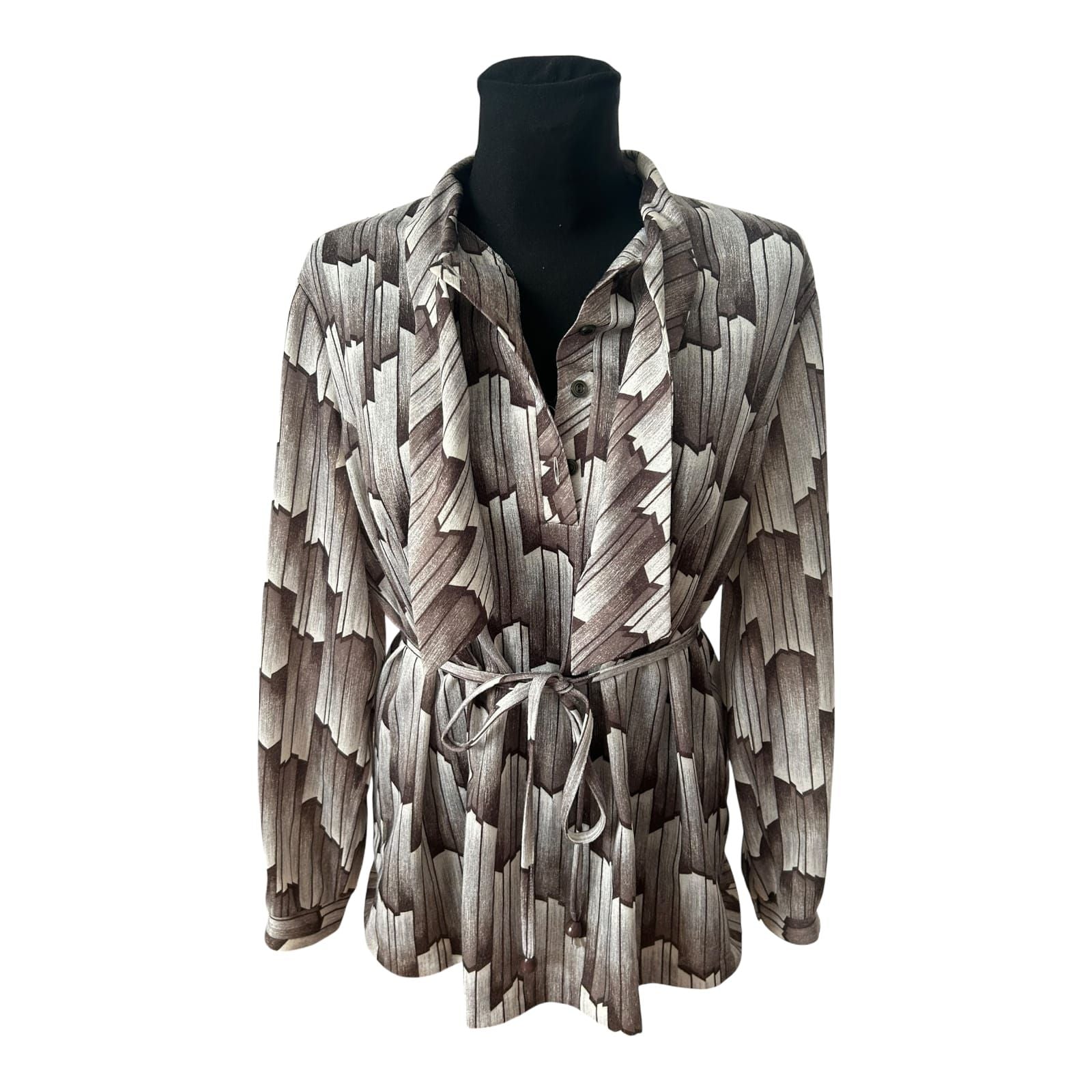 Vintage Bluse XL Braun Creme Muster Schalkragen Bindegürtel Elegant