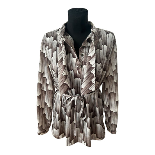Vintage Bluse XL Braun Creme Muster Schalkragen Bindegürtel Elegant
