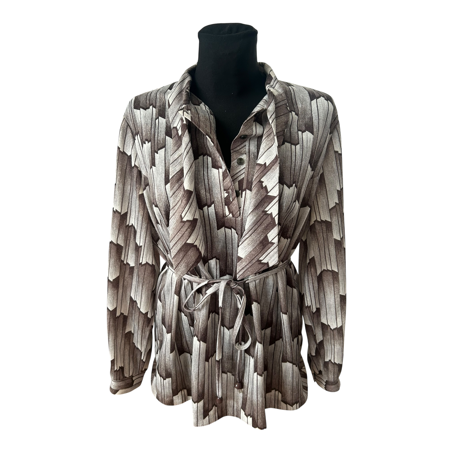 Vintage Bluse XL Braun Creme Muster Schalkragen Bindegürtel Elegant