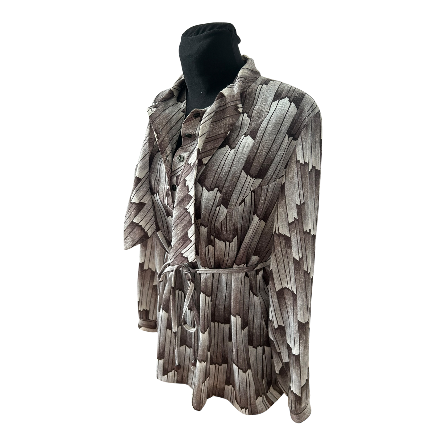 Vintage Bluse XL Braun Creme Muster Schalkragen Bindegürtel Elegant