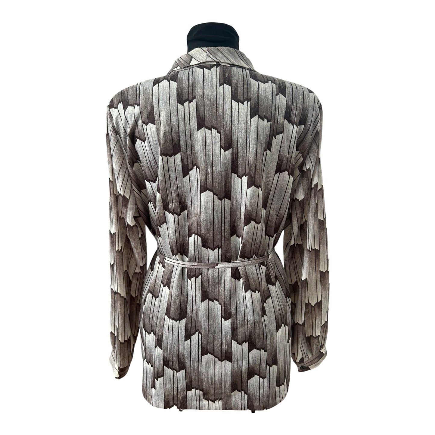 Vintage Bluse XL Braun Creme Muster Schalkragen Bindegürtel Elegant