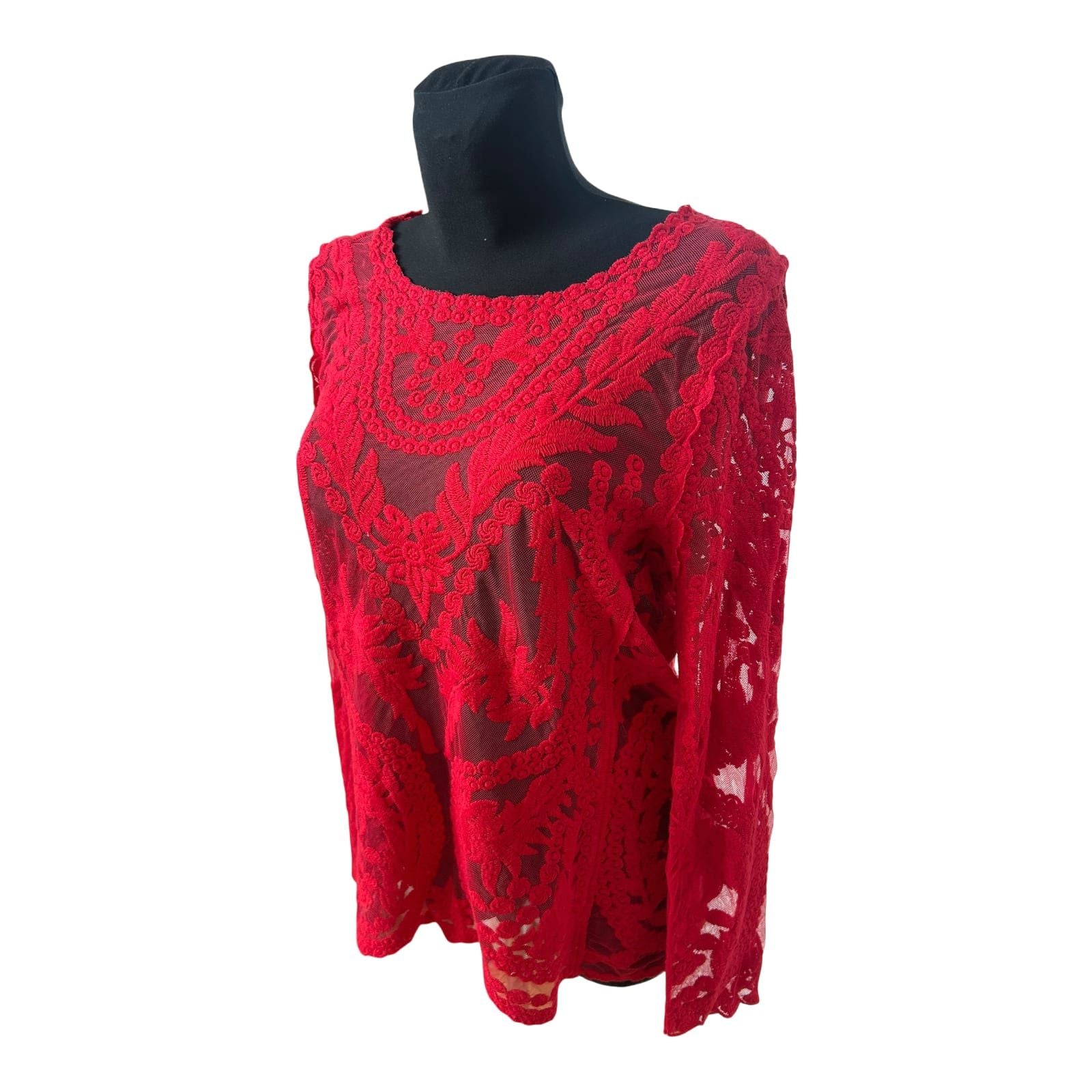 KNC Spitzenbluse Damen Gr 46 Rot Transparent Elegant Made in Germany