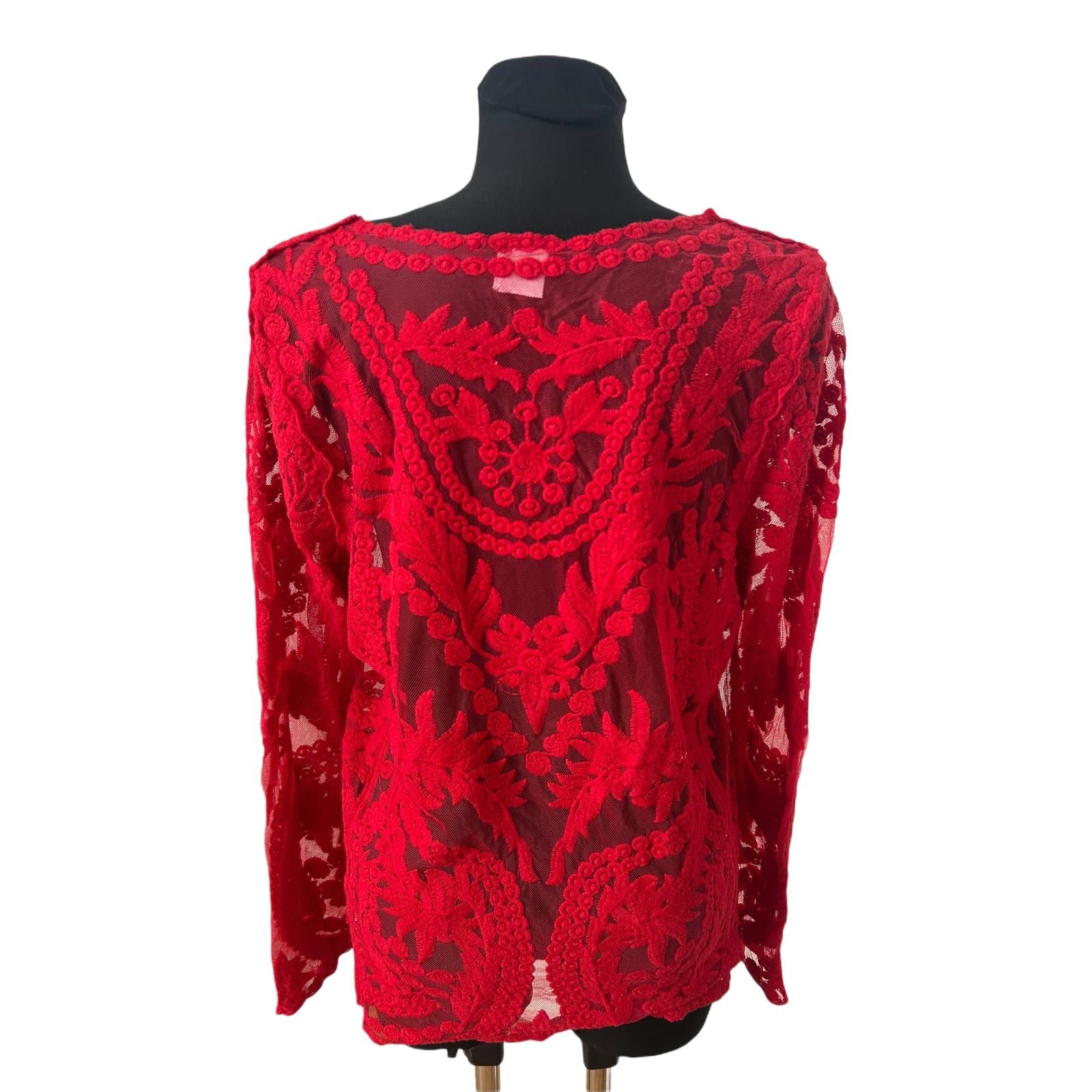 KNC Spitzenbluse Damen Gr 46 Rot Transparent Elegant Made in Germany