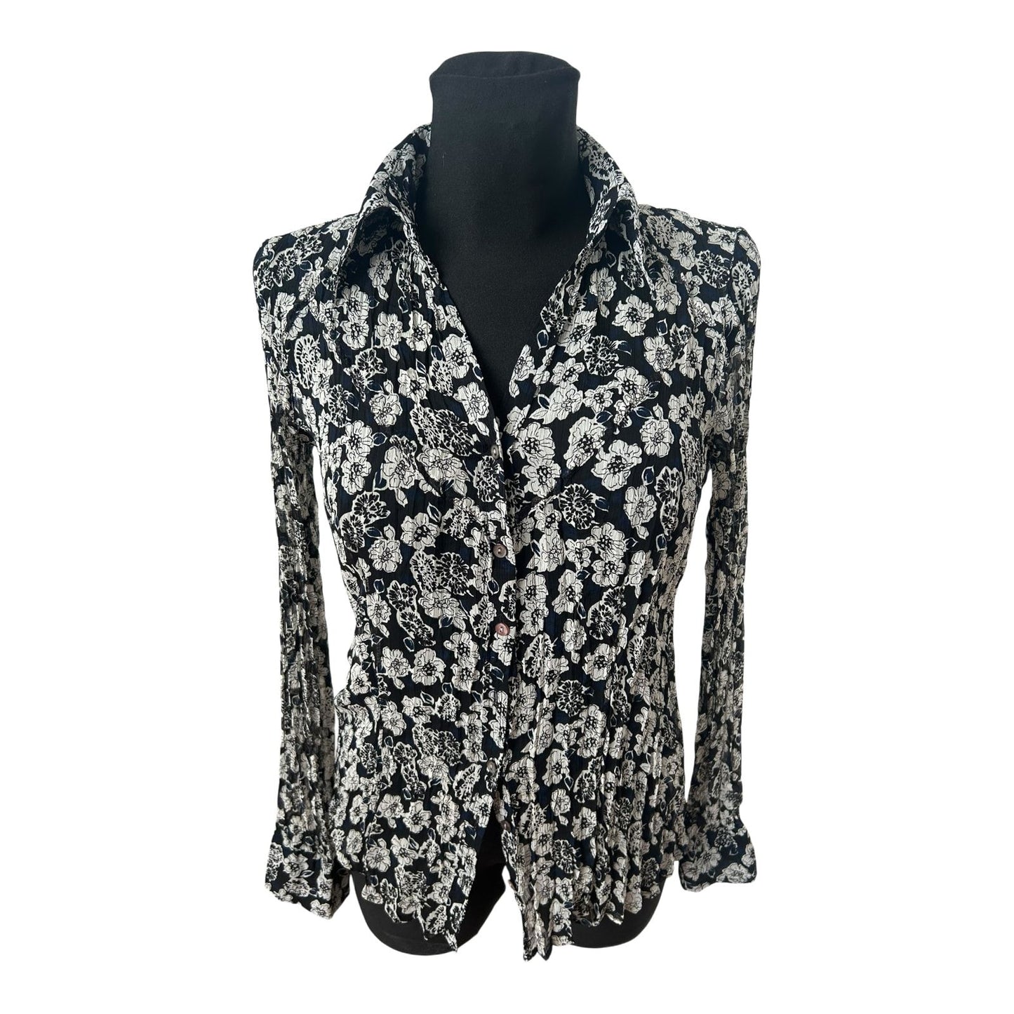 s.Oliver Bluse Damen Gr 42 Schwarz Weiss Blumen Crash Plissee