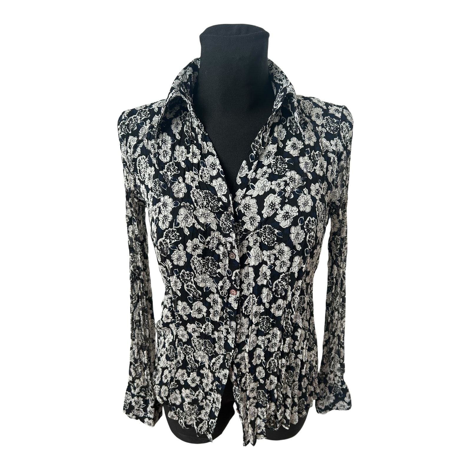 s.Oliver Bluse Damen Gr 42 Schwarz Weiss Blumen Crash Plissee