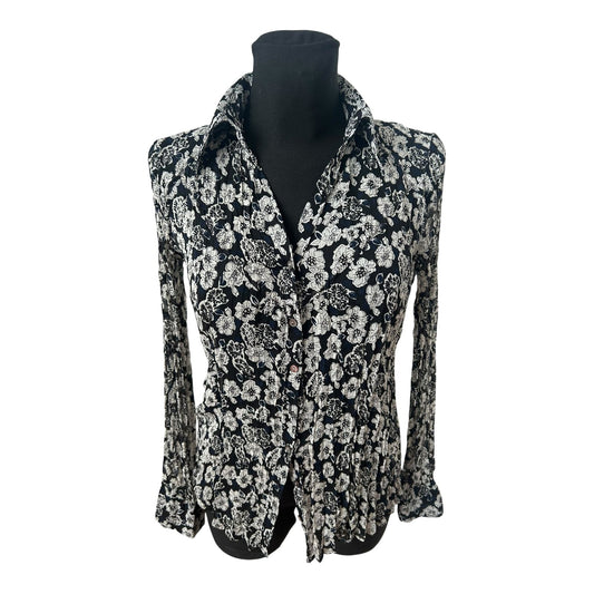 s.Oliver Bluse Damen Gr 42 Schwarz Weiss Blumen Crash Plissee