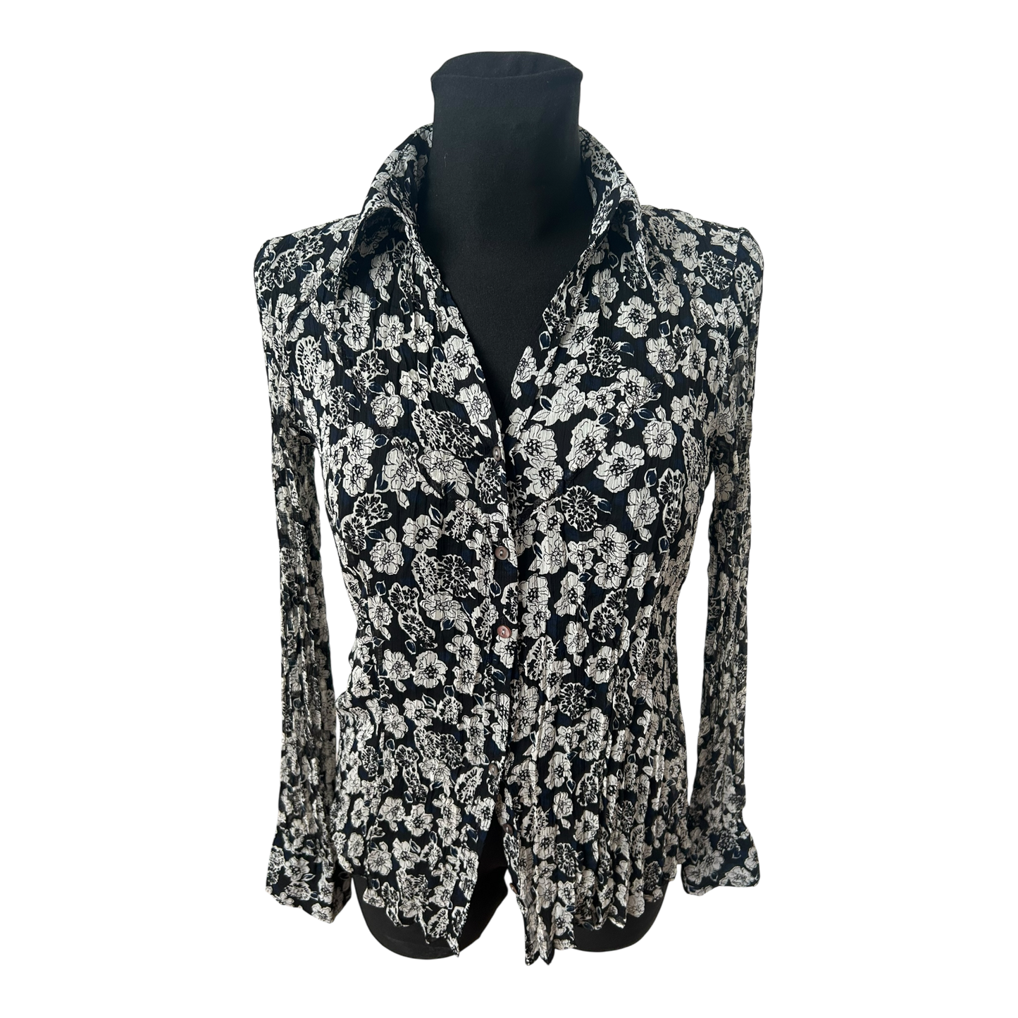 s.Oliver Bluse Damen Gr 42 Schwarz Weiss Blumen Crash Plissee