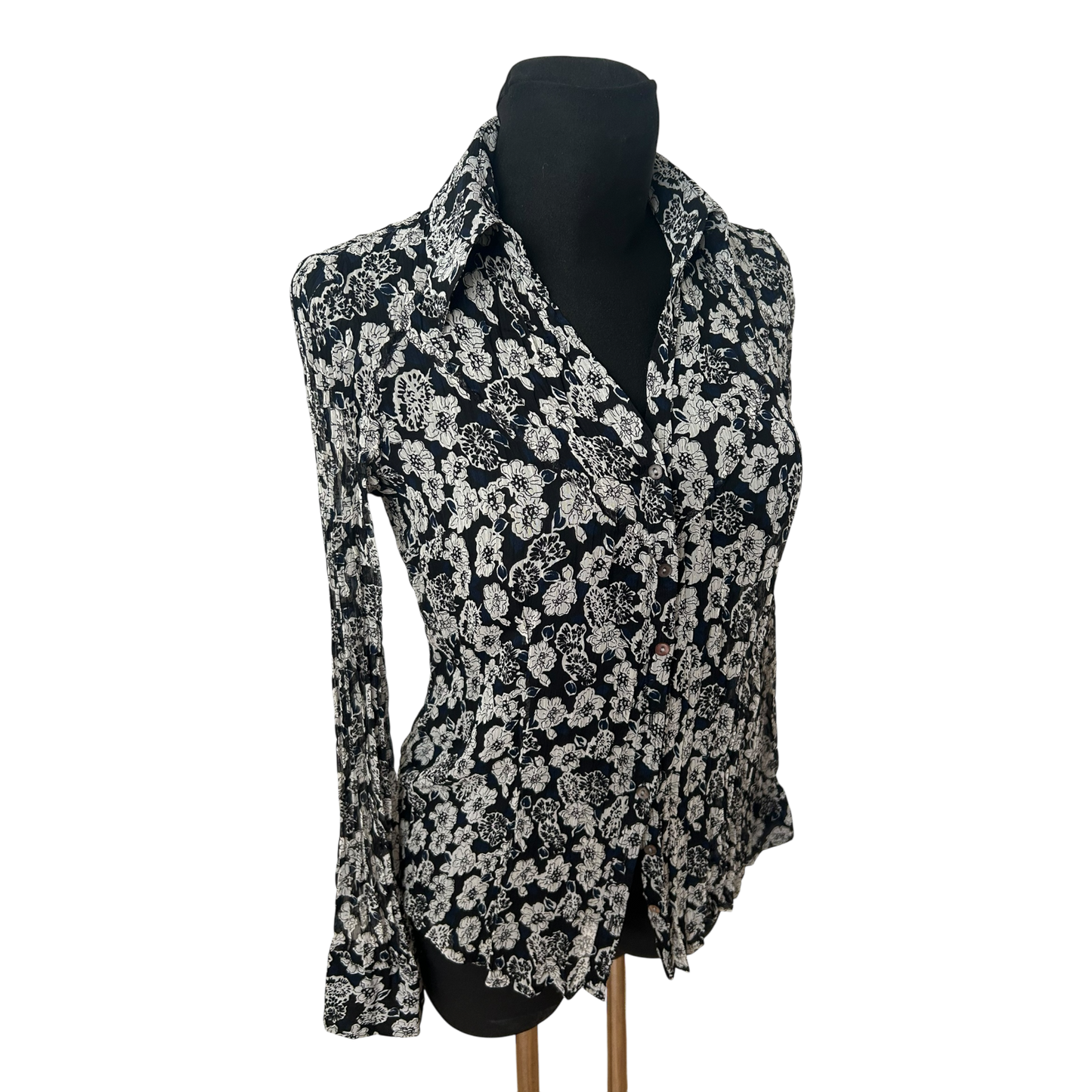 s.Oliver Bluse Damen Gr 42 Schwarz Weiss Blumen Crash Plissee