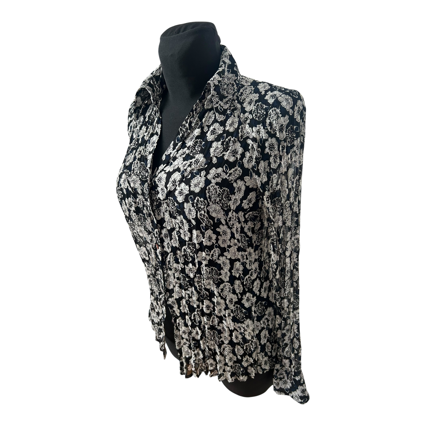 s.Oliver Bluse Damen Gr 42 Schwarz Weiss Blumen Crash Plissee