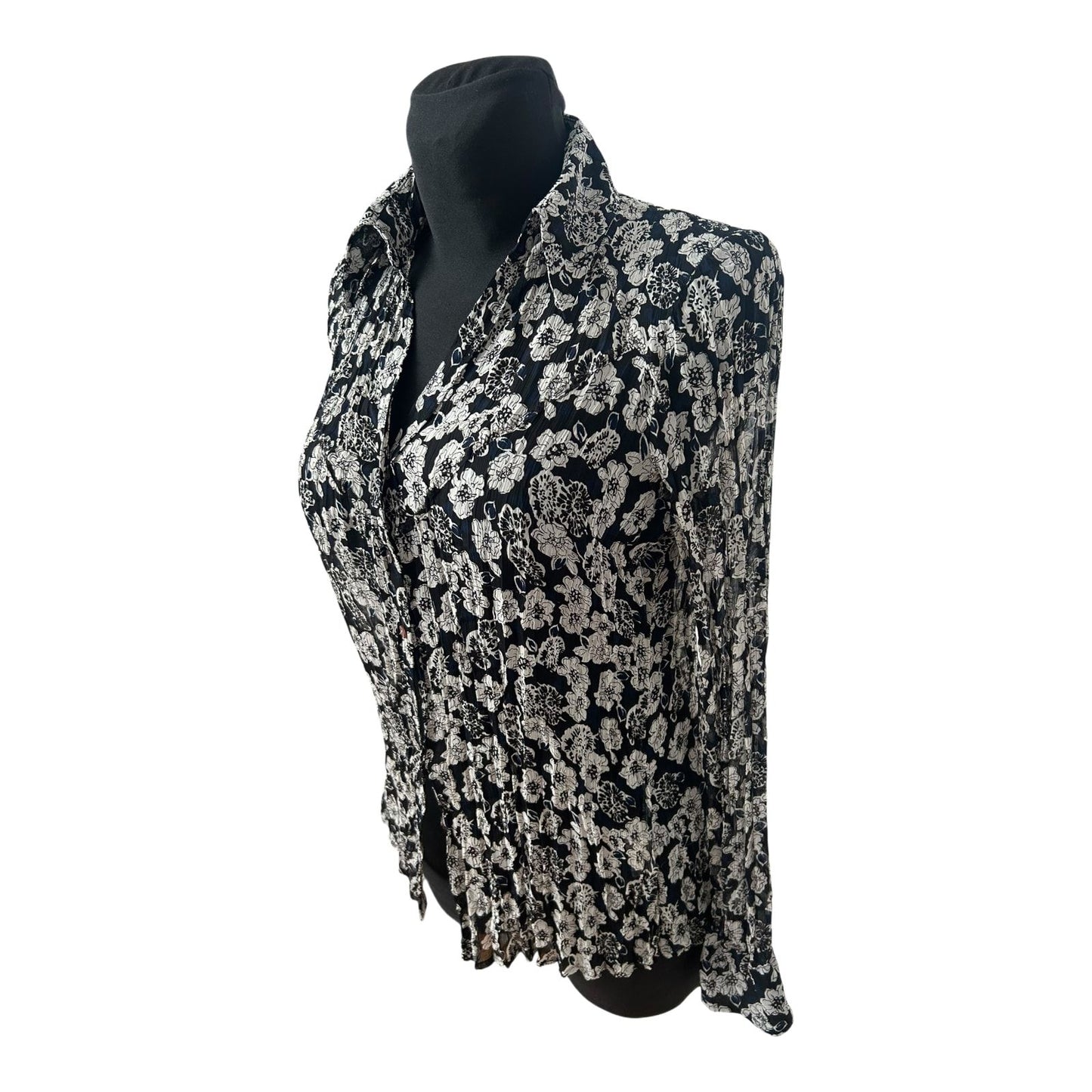 s.Oliver Bluse Damen Gr 42 Schwarz Weiss Blumen Crash Plissee