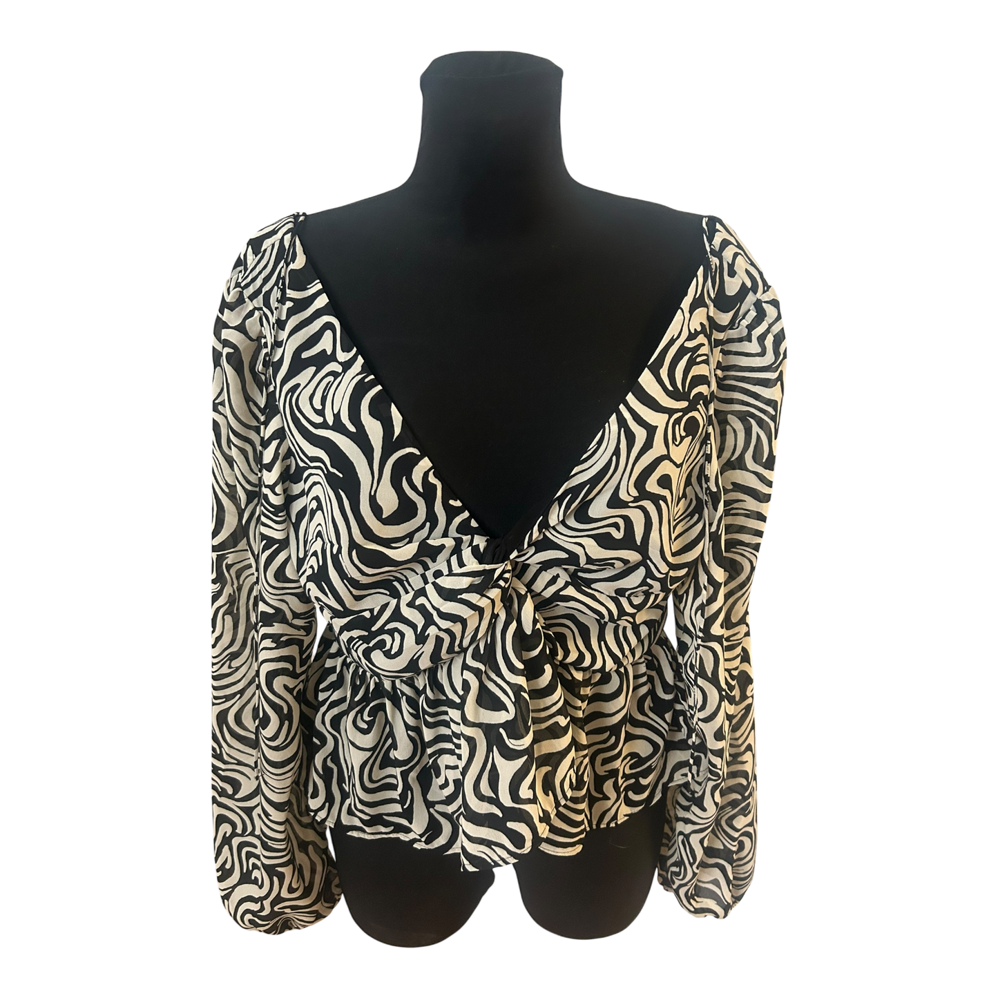 H&M Bluse Damen Gr M Beige Schwarz Muster Weit Ausschnitt Puffaermel