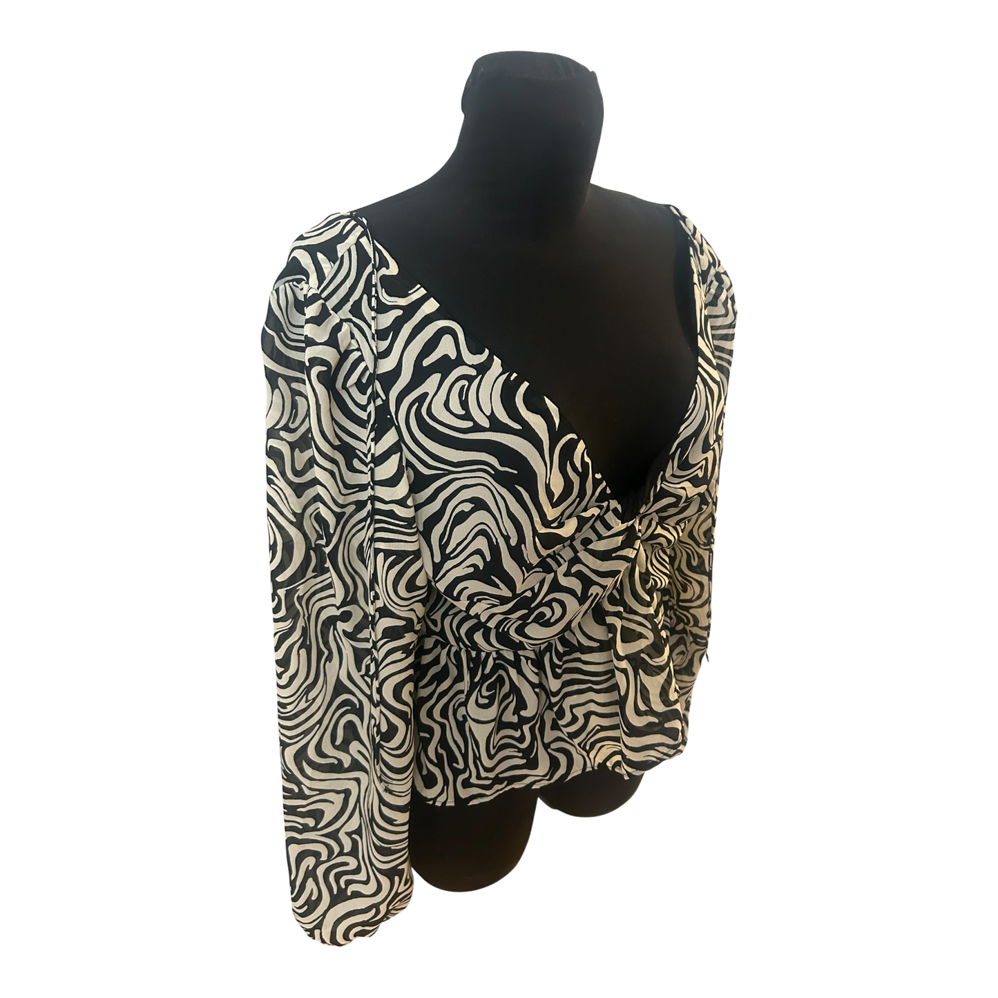 H&M Bluse Damen Gr M Beige Schwarz Muster Weit Ausschnitt Puffaermel