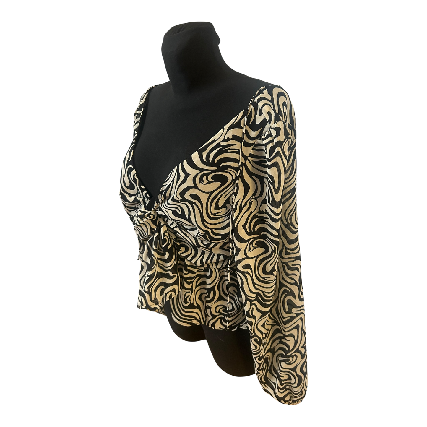 H&M Bluse Damen Gr M Beige Schwarz Muster Weit Ausschnitt Puffaermel