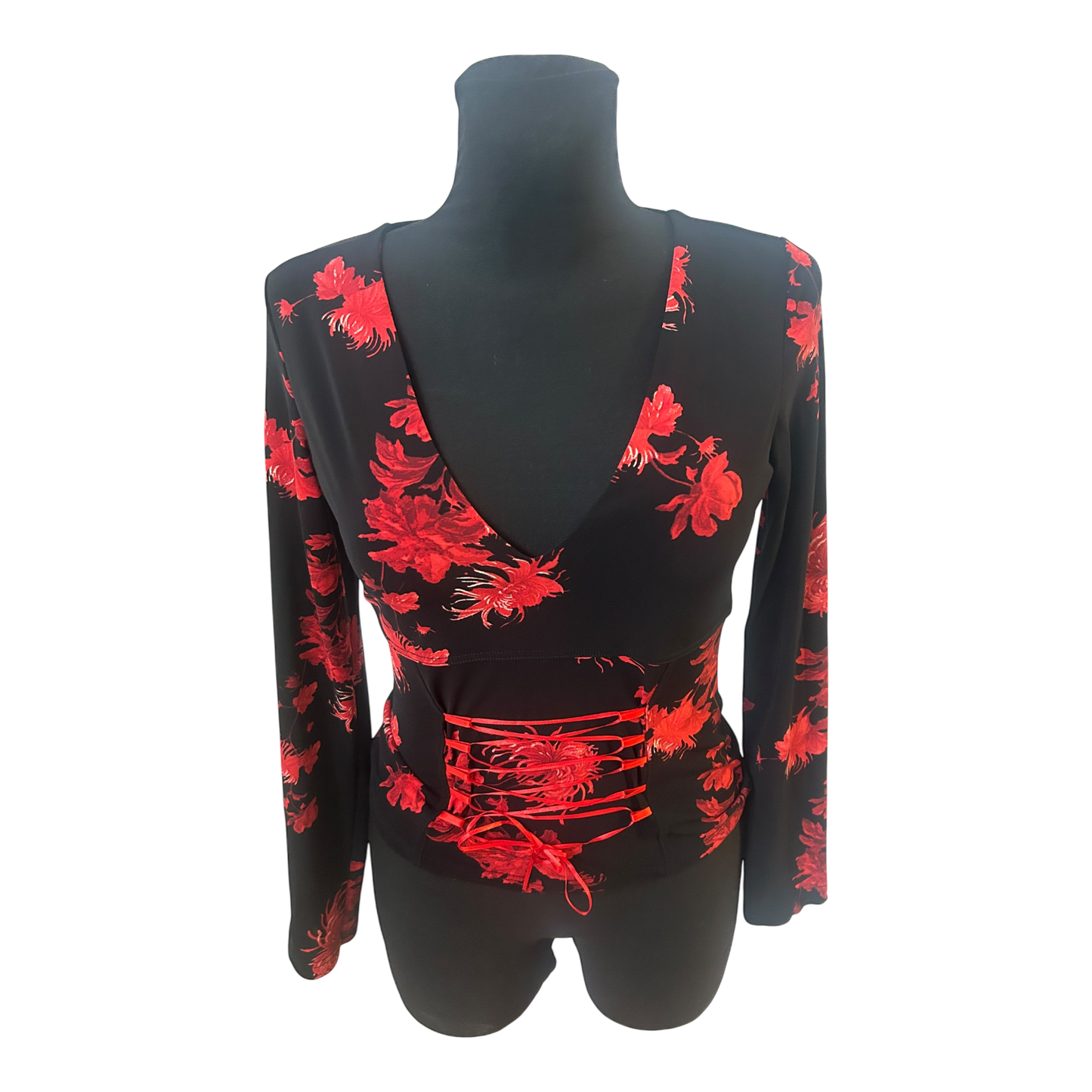 Hallhuber Trend Bluse Damen Gr S Schwarz Rot Blumen Schnürung Elegant