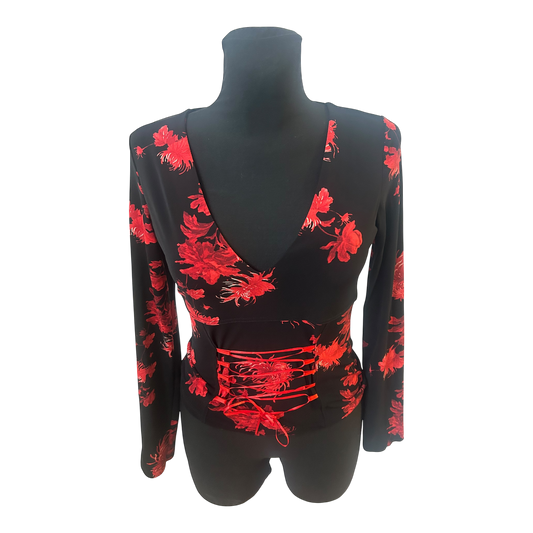 Hallhuber Trend Bluse Damen Gr S Schwarz Rot Blumen Schnürung Elegant