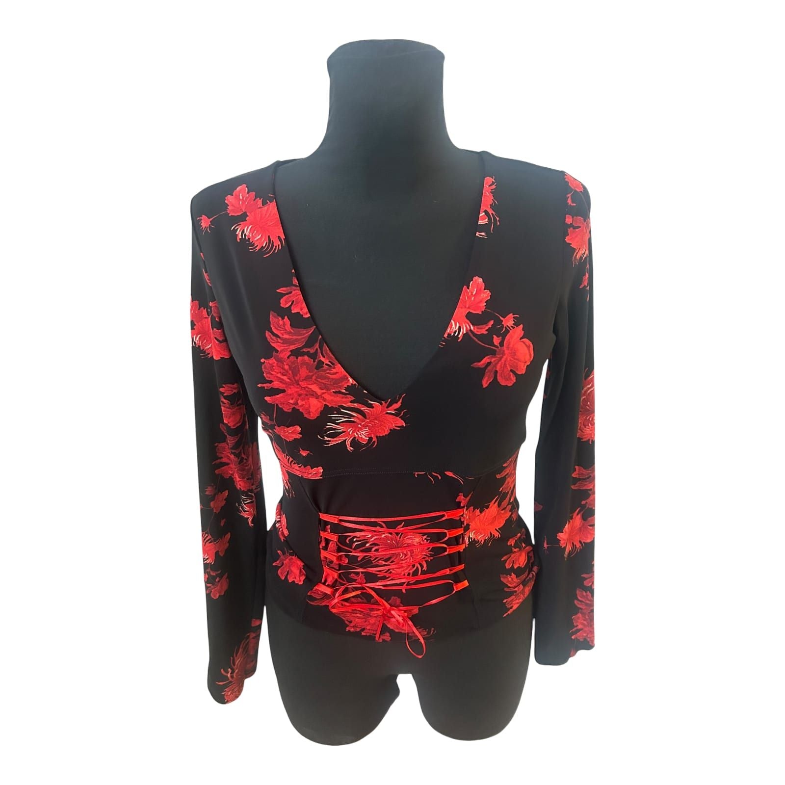 Hallhuber Trend Bluse Damen Gr S Schwarz Rot Blumen Schnürung Elegant