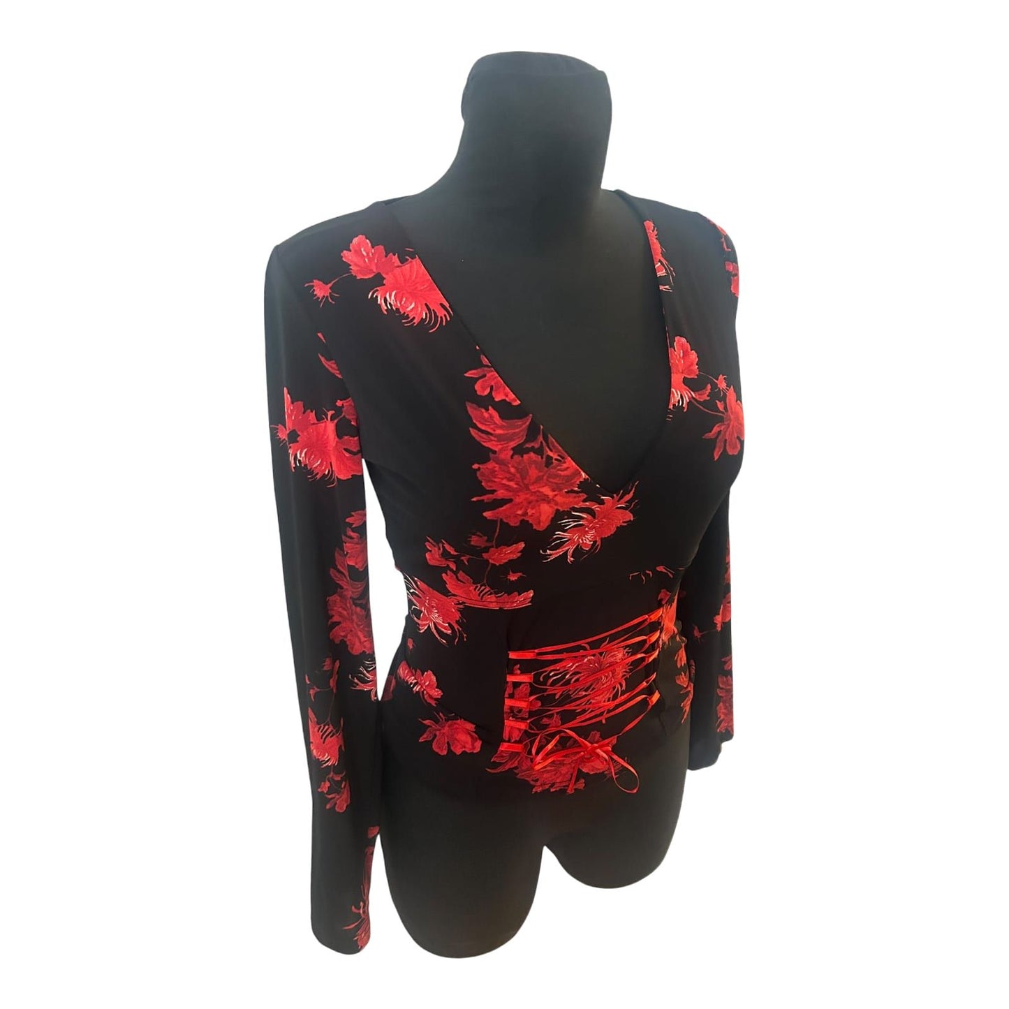 Hallhuber Trend Bluse Damen Gr S Schwarz Rot Blumen Schnürung Elegant