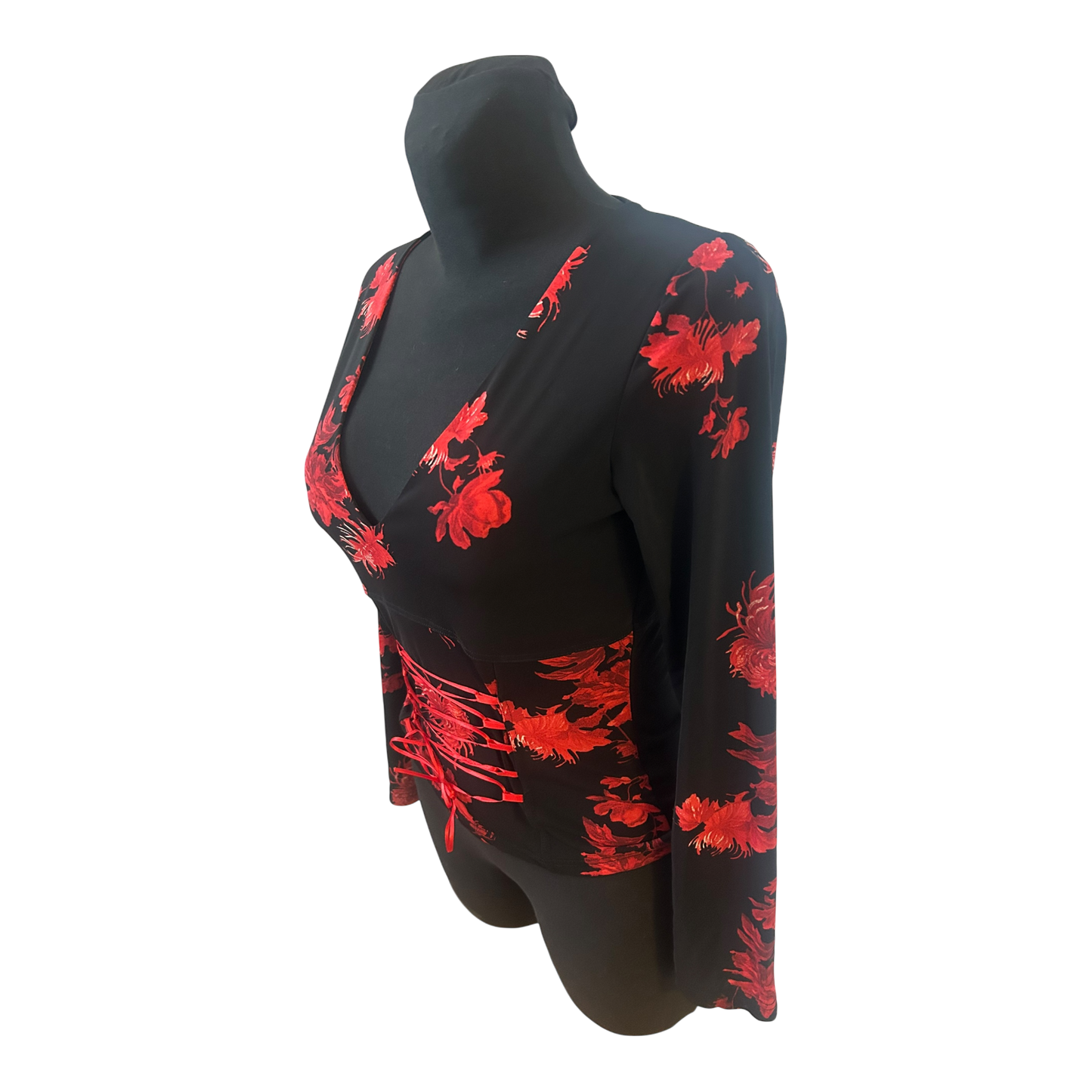 Hallhuber Trend Bluse Damen Gr S Schwarz Rot Blumen Schnürung Elegant