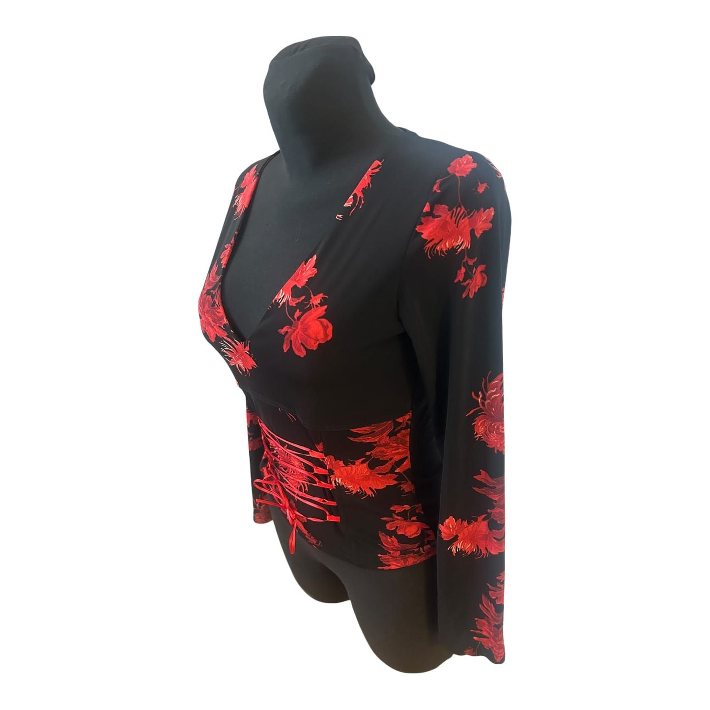 Hallhuber Trend Bluse Damen Gr S Schwarz Rot Blumen Schnürung Elegant