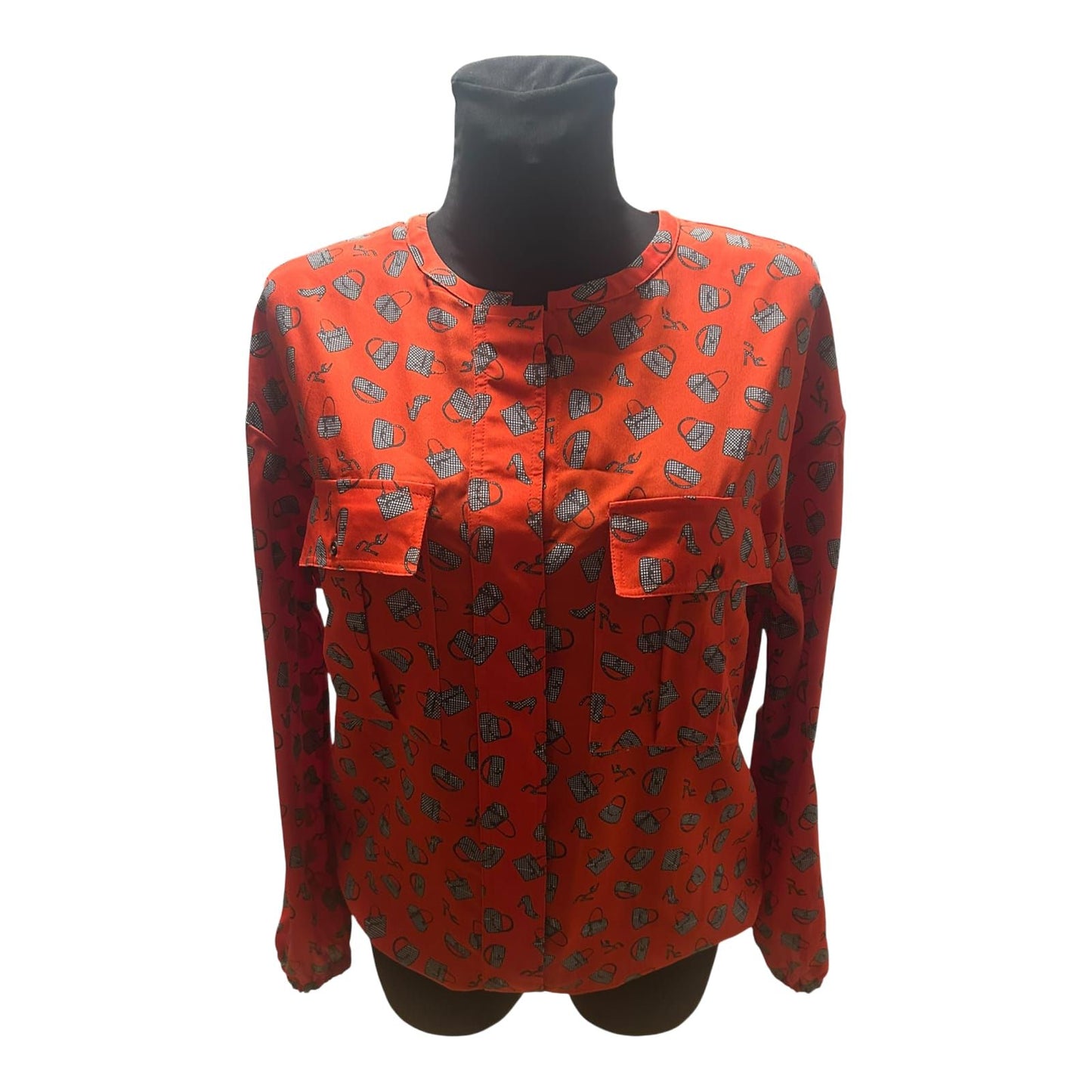 Damen Bluse Rot Schwarz Muster Langarm Gummizug Locker Elegant Chic Style