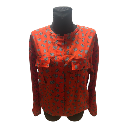 Damen Bluse Rot Schwarz Muster Langarm Gummizug Locker Elegant Chic Style