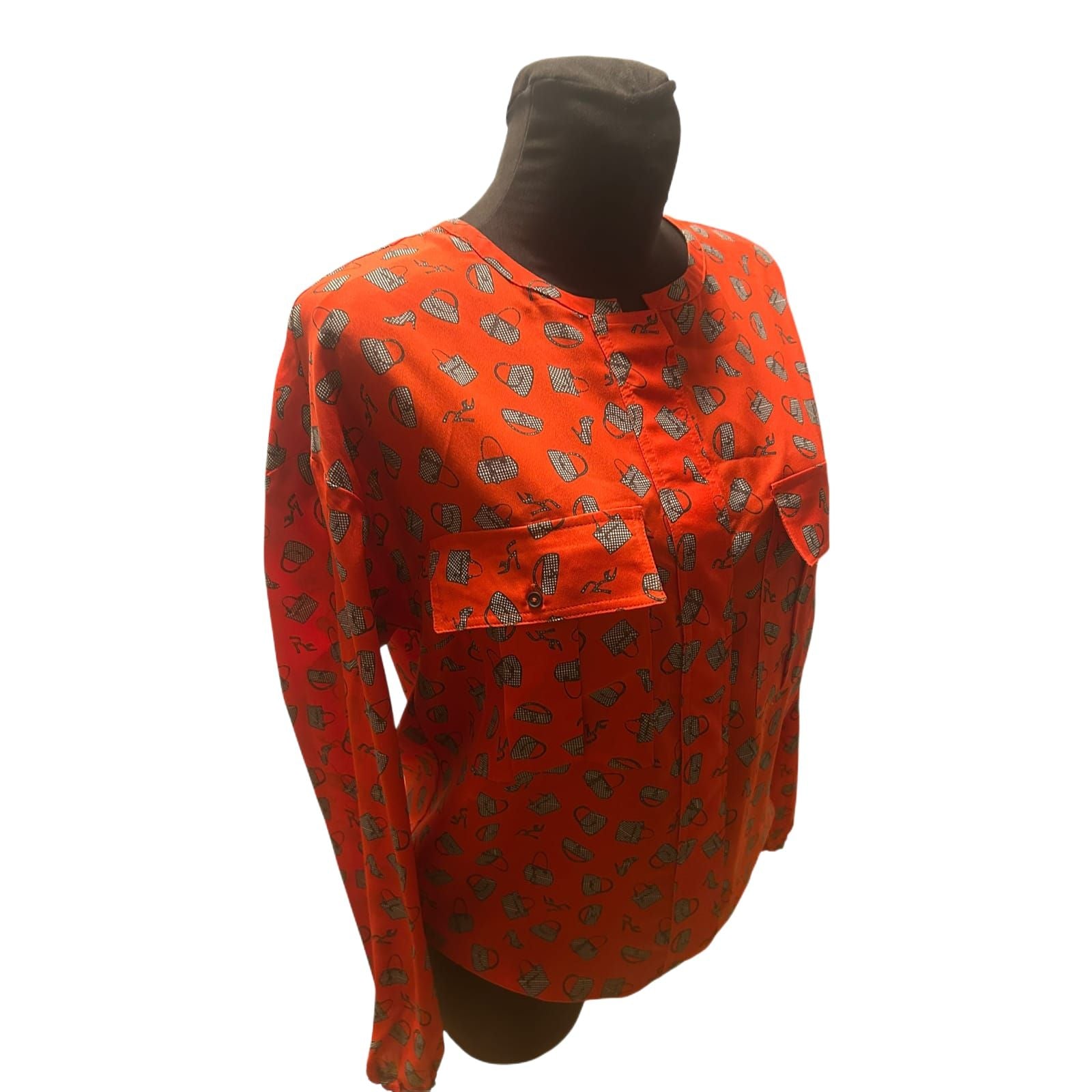 Damen Bluse Rot Schwarz Muster Langarm Gummizug Locker Elegant Chic Style