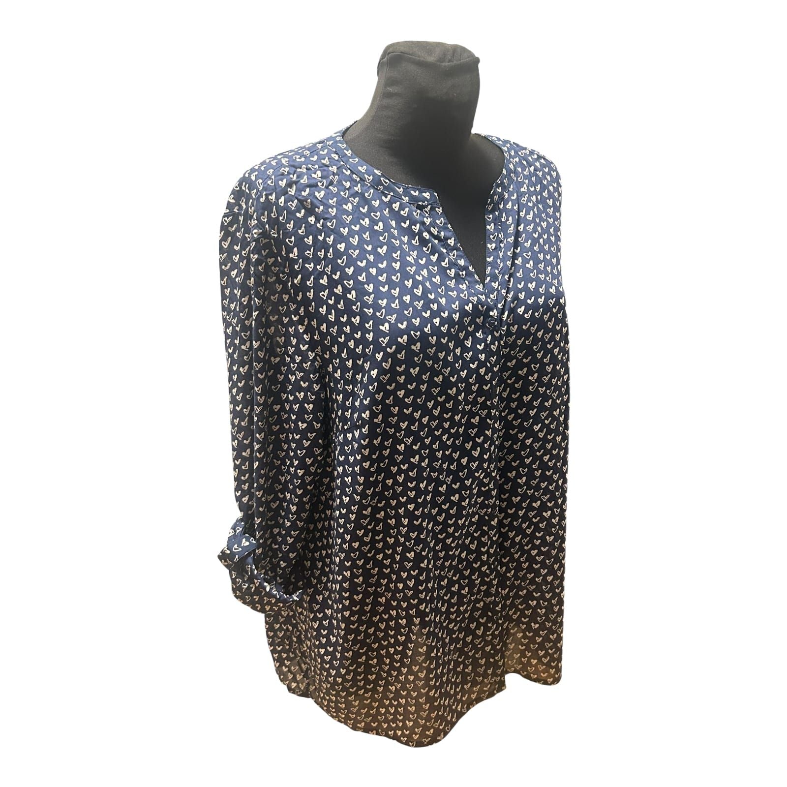 Gina Benotti Bluse Damen Gr L Dunkelblau Weiss Herzen Viskose Langarm