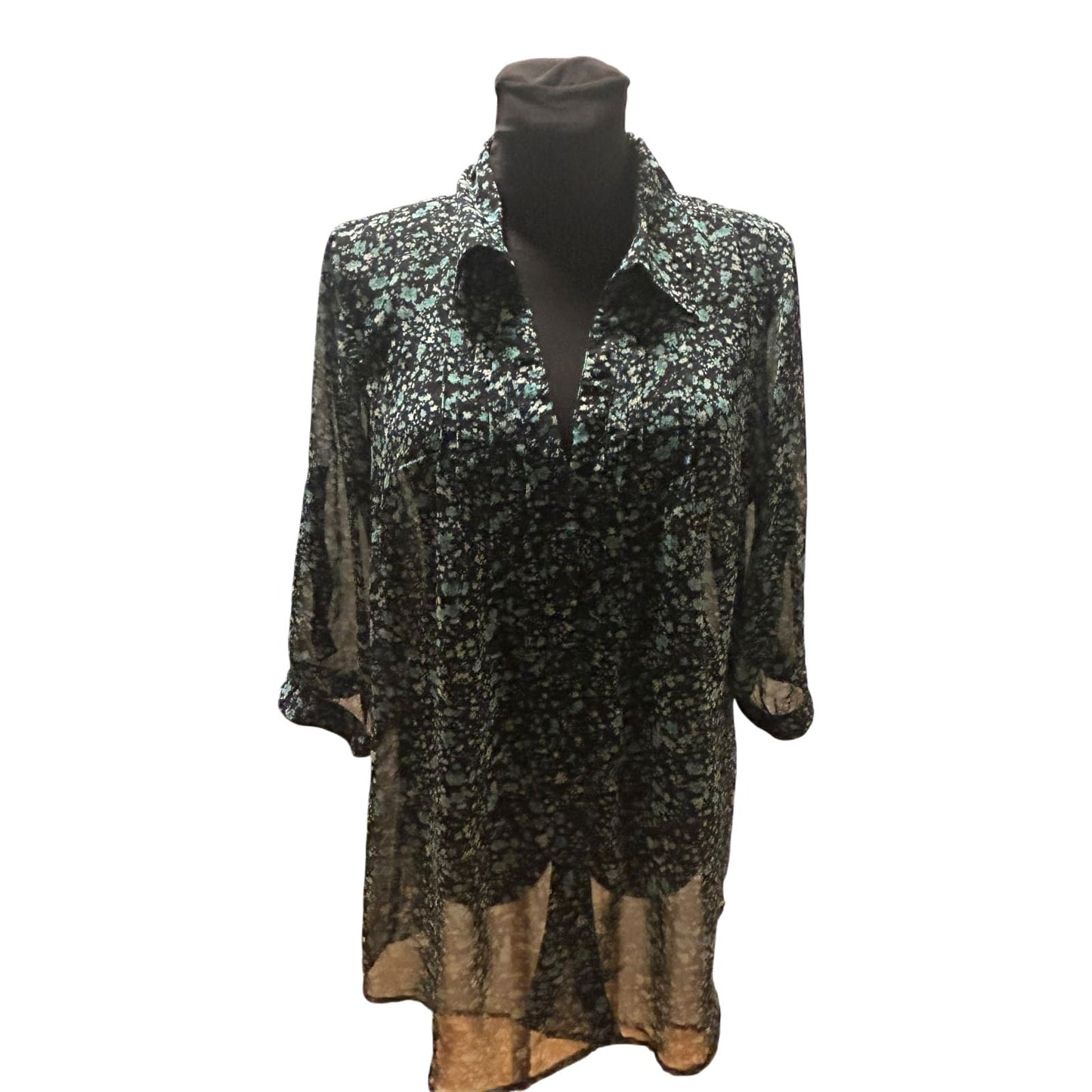Gina Benotti Bluse Damen Gr L Schwarz Grün Transparent Floral Oversize