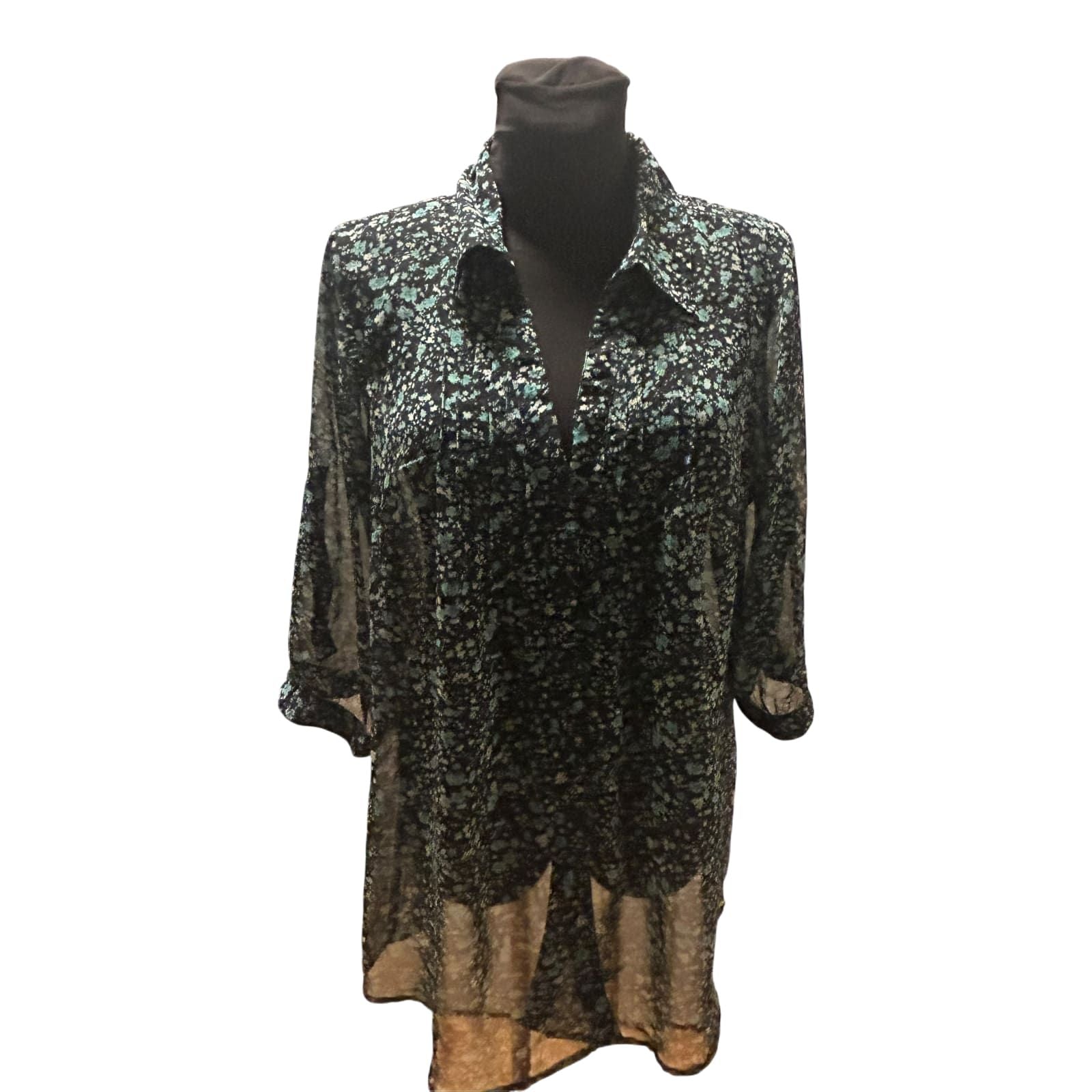 Gina Benotti Bluse Damen Gr L Schwarz Grün Transparent Floral Oversize