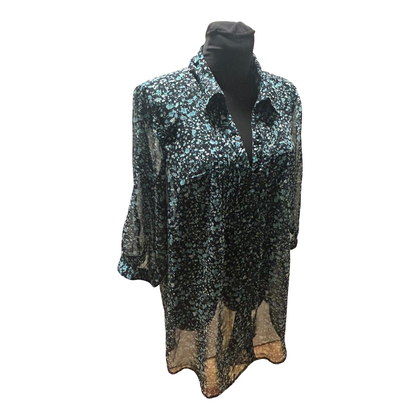 Gina Benotti Bluse Damen Gr L Schwarz Grün Transparent Floral Oversize