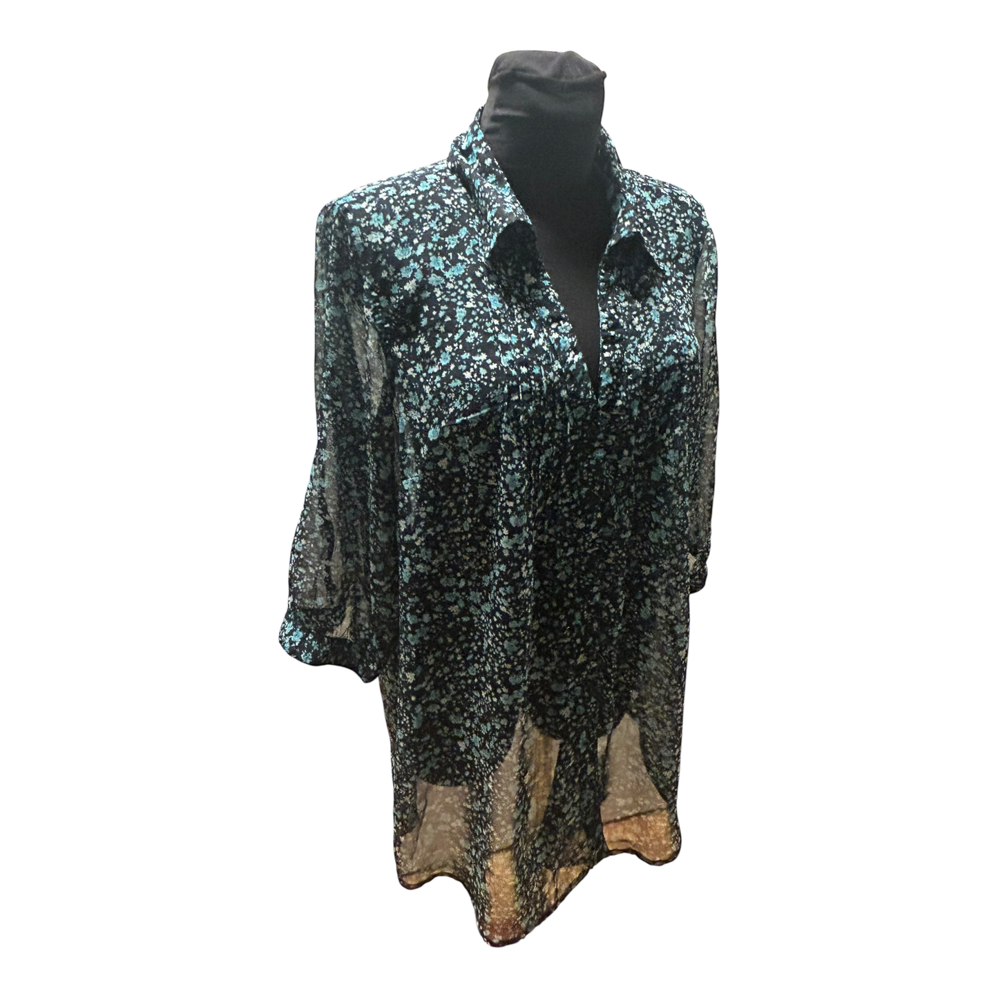 Gina Benotti Bluse Damen Gr L Schwarz Grün Transparent Floral Oversize