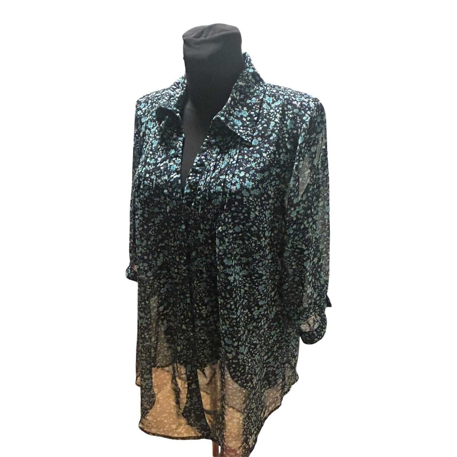 Gina Benotti Bluse Damen Gr L Schwarz Grün Transparent Floral Oversize