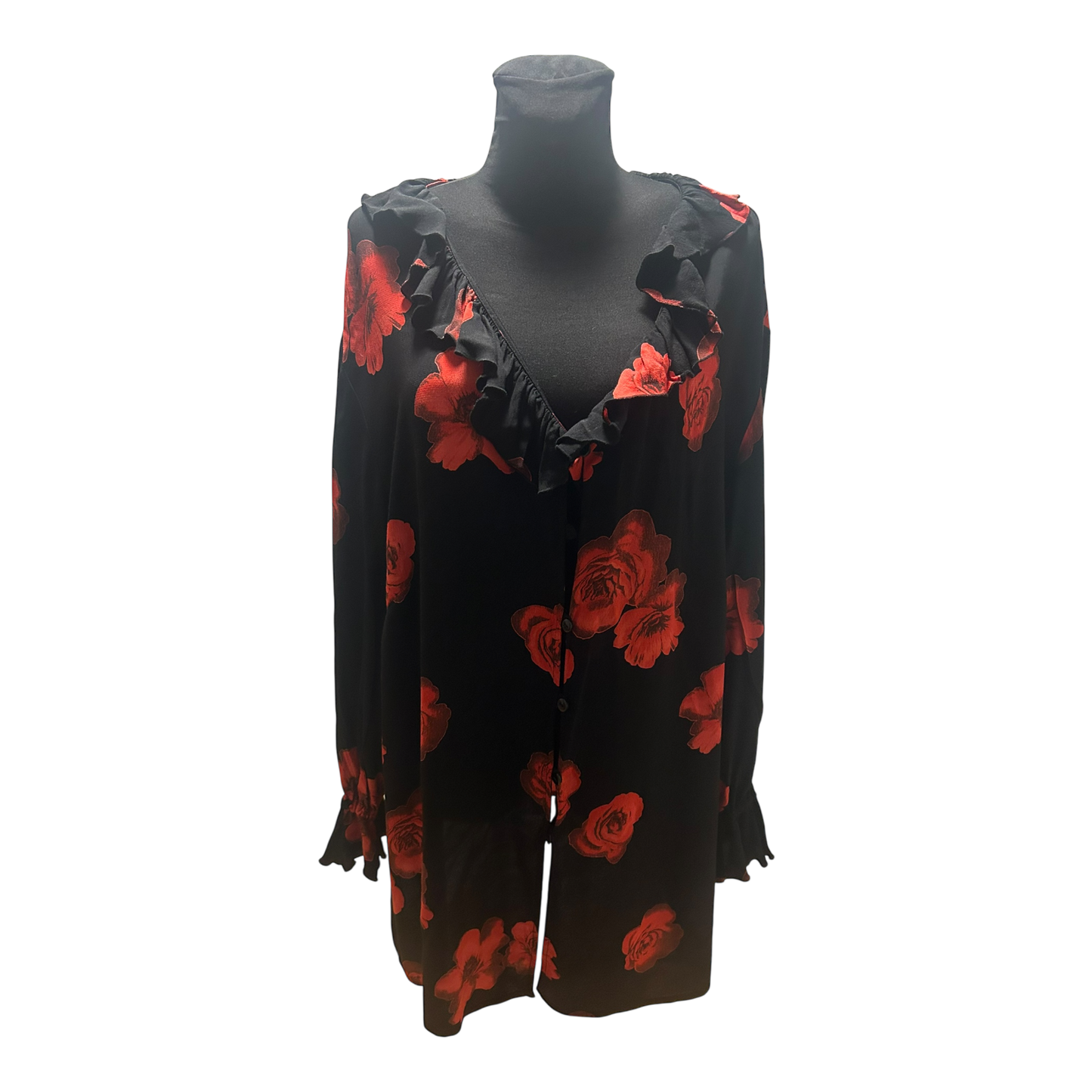 Wunderschöne Große Bluse Gr 54 Damen Schwarz Rot Rosen Volant V-Ausschnitt