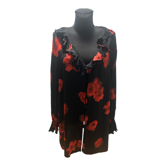 Wunderschöne Große Bluse Gr 54 Damen Schwarz Rot Rosen Volant V-Ausschnitt