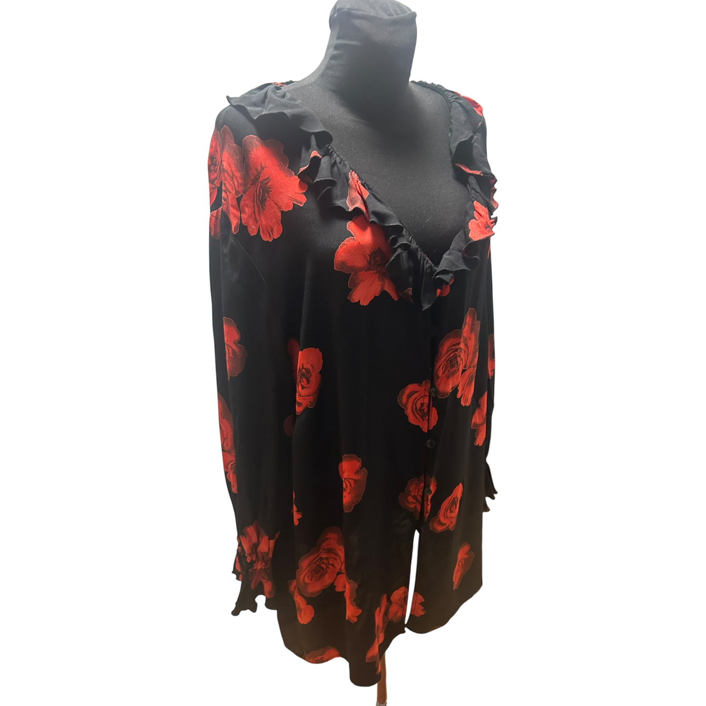 Wunderschöne Große Bluse Gr 54 Damen Schwarz Rot Rosen Volant V-Ausschnitt