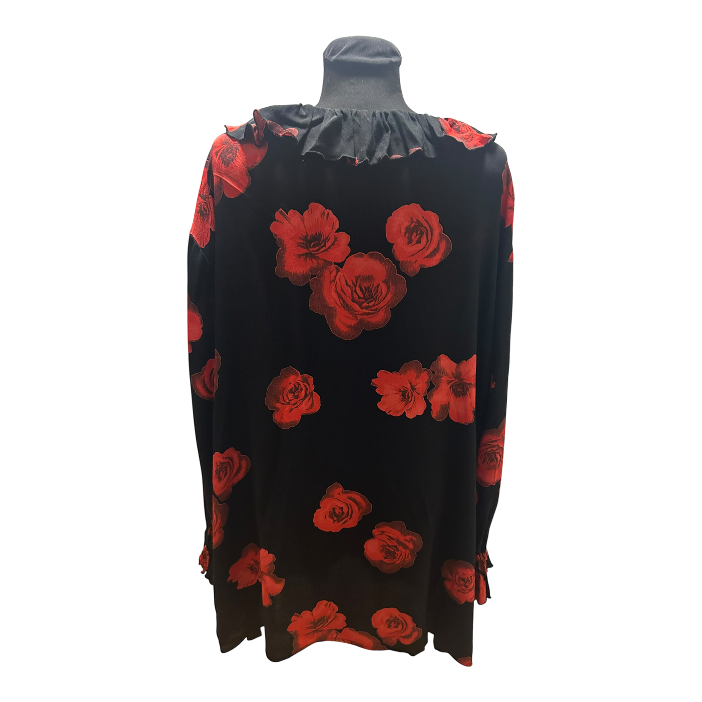 Wunderschöne Große Bluse Gr 54 Damen Schwarz Rot Rosen Volant V-Ausschnitt