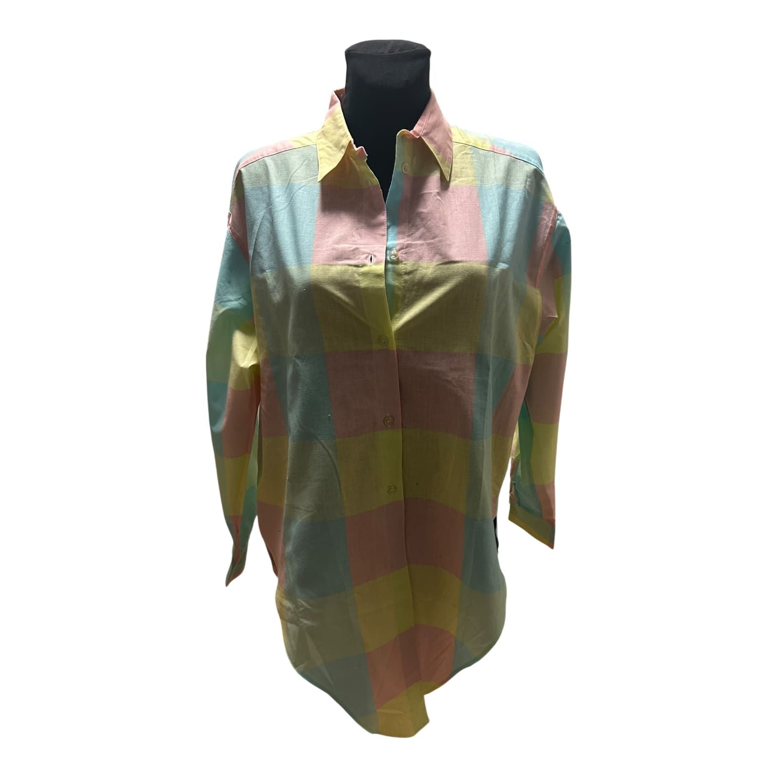 Vintage Bluse Damen Gr 42 Kariert Pastell Baumwolle 80er Langarm