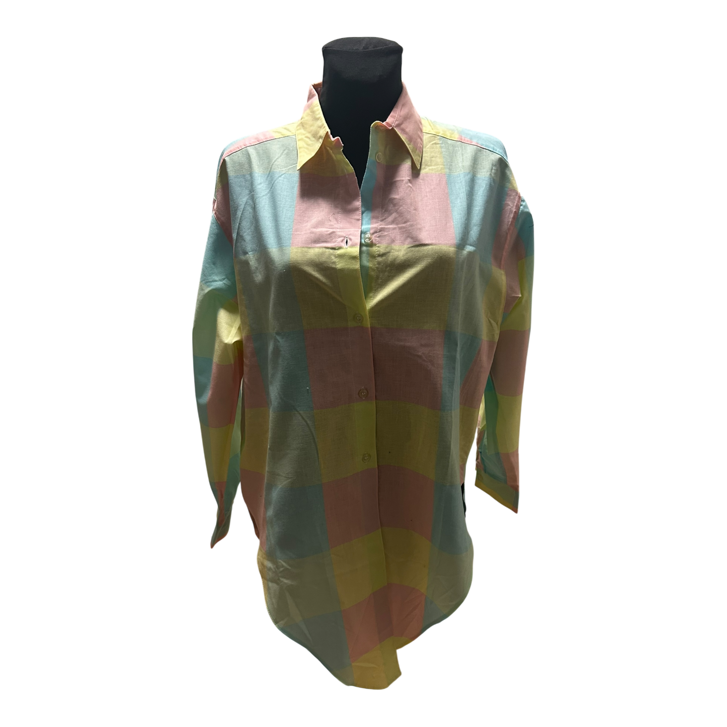 Vintage Bluse Damen Gr 42 Kariert Pastell Baumwolle 80er Langarm