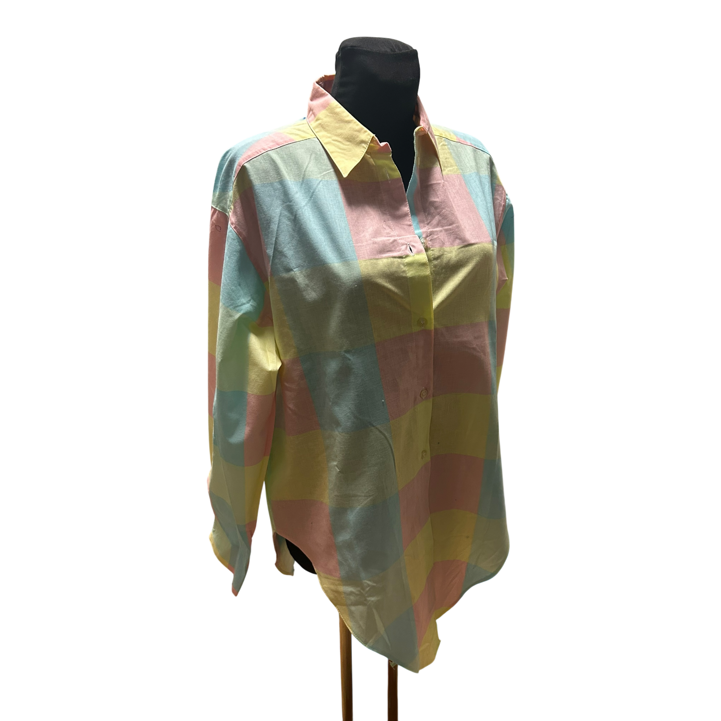Vintage Bluse Damen Gr 42 Kariert Pastell Baumwolle 80er Langarm