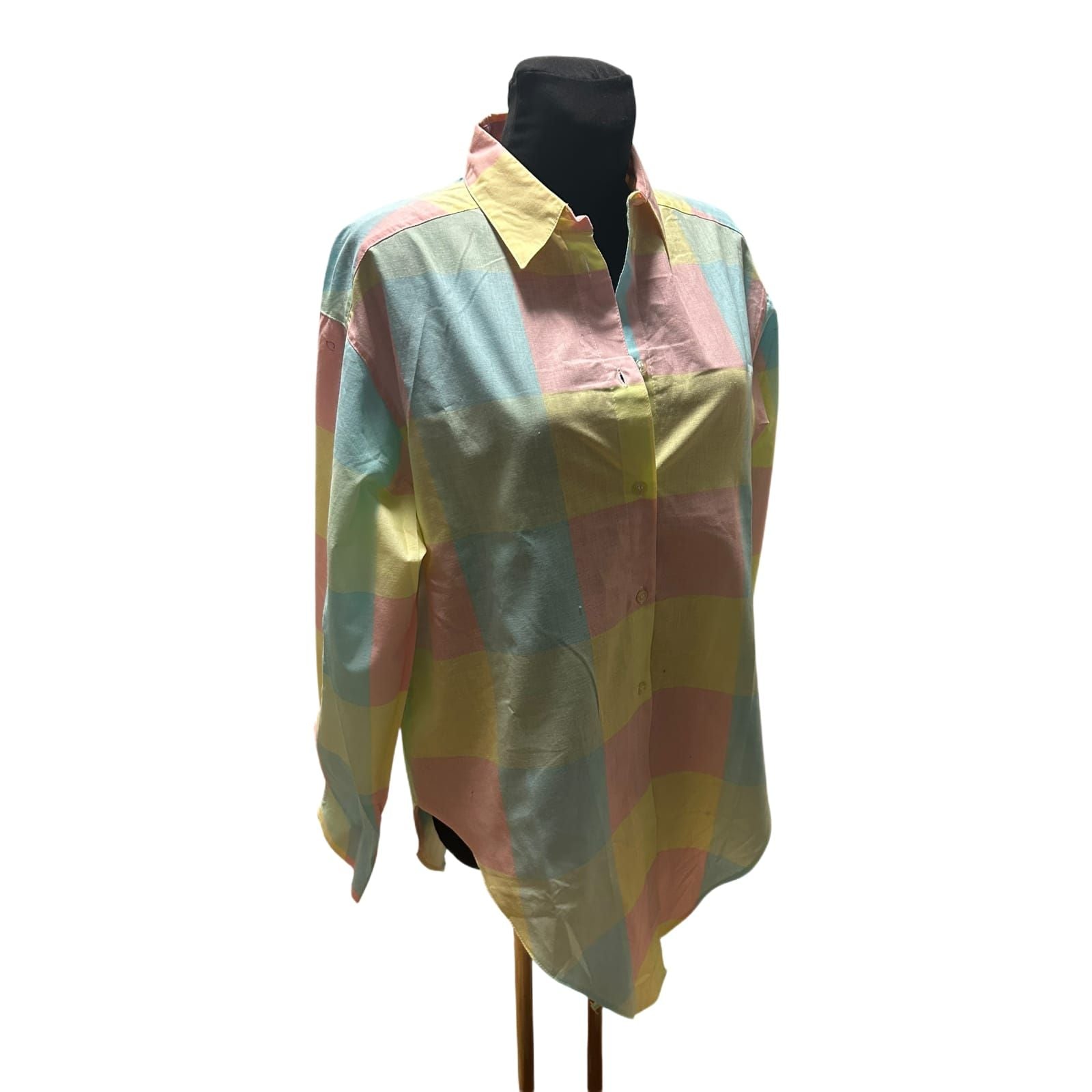 Vintage Bluse Damen Gr 42 Kariert Pastell Baumwolle 80er Langarm