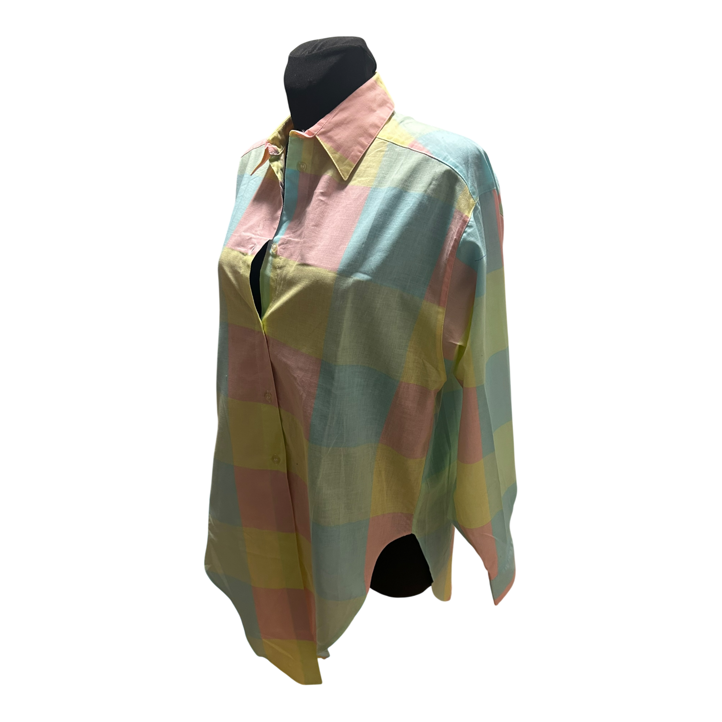 Vintage Bluse Damen Gr 42 Kariert Pastell Baumwolle 80er Langarm