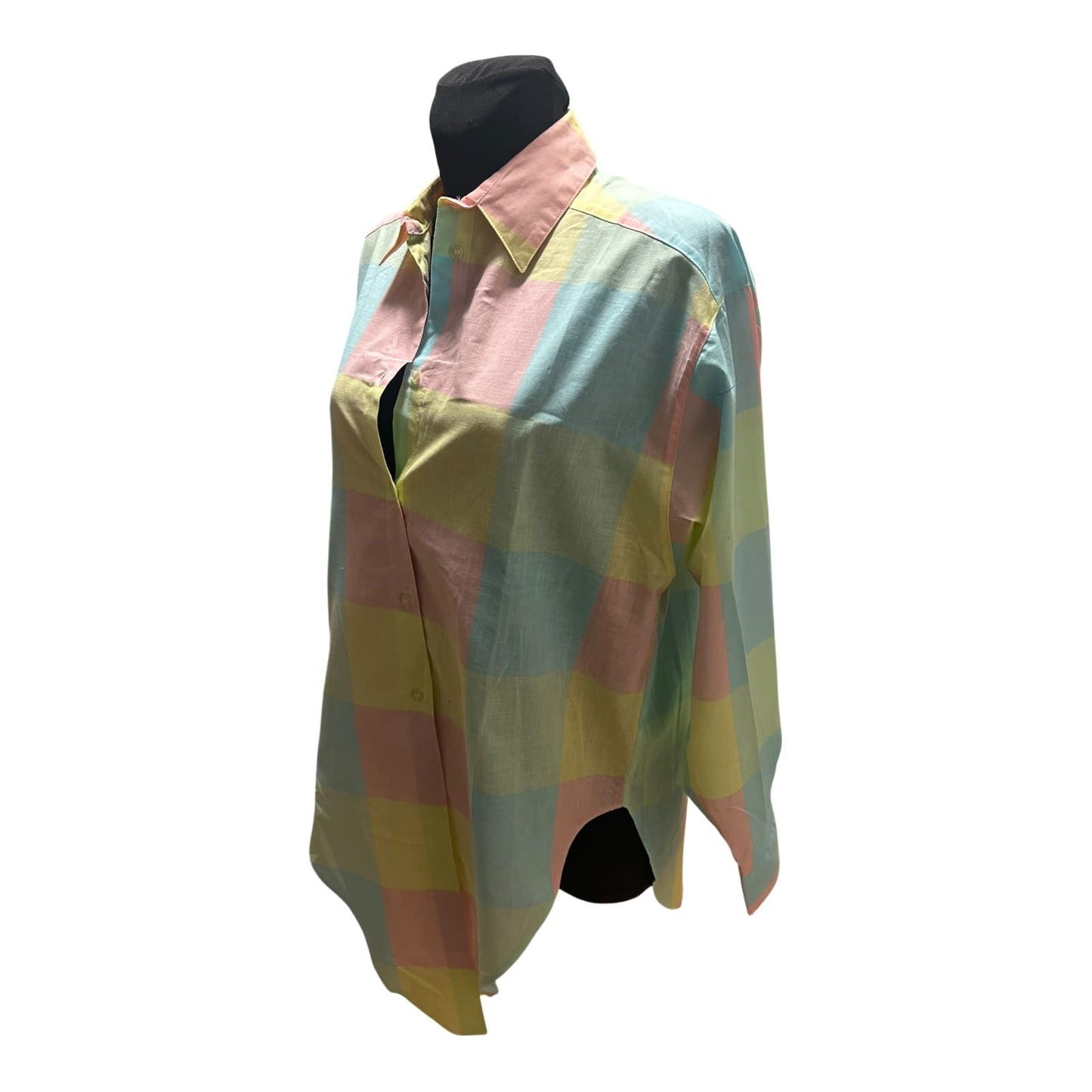 Vintage Bluse Damen Gr 42 Kariert Pastell Baumwolle 80er Langarm