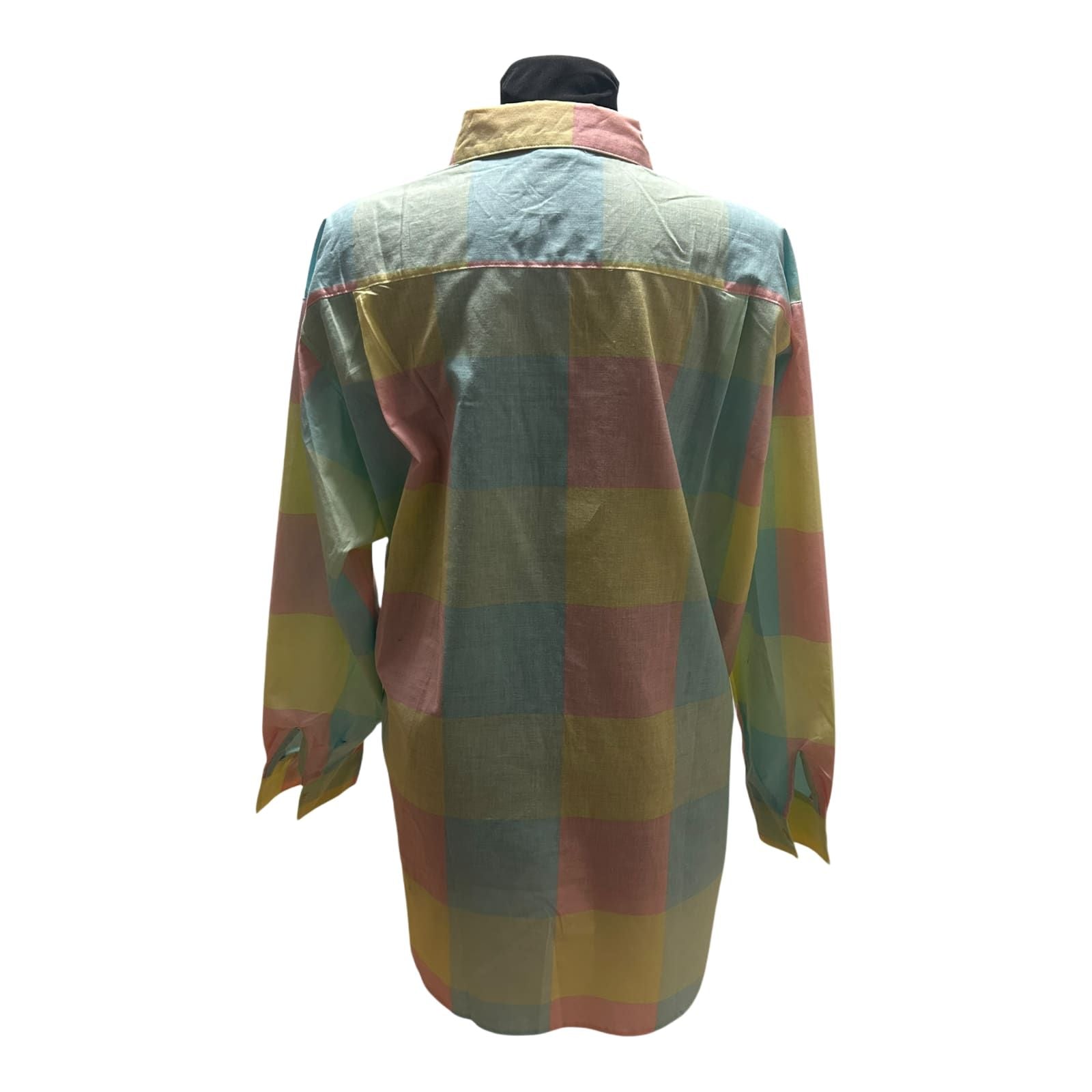 Vintage Bluse Damen Gr 42 Kariert Pastell Baumwolle 80er Langarm