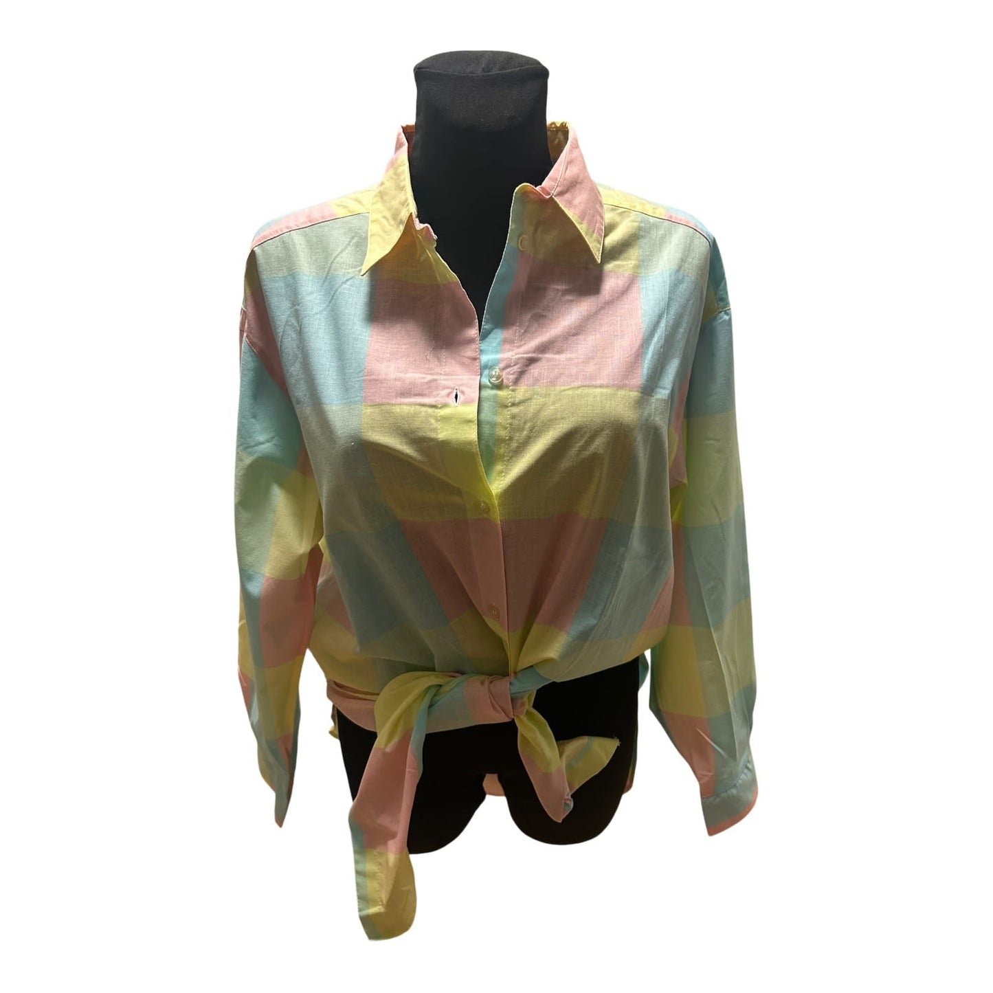 Vintage Bluse Damen Gr 42 Kariert Pastell Baumwolle 80er Langarm